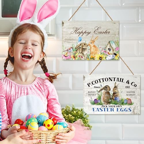 Miniatura 7 de Whaline Paquete de 2 letreros colgantes de madera rústica de Pascua para decoración de pared de puerta de conejo, letrero de bienvenida para Pascua,