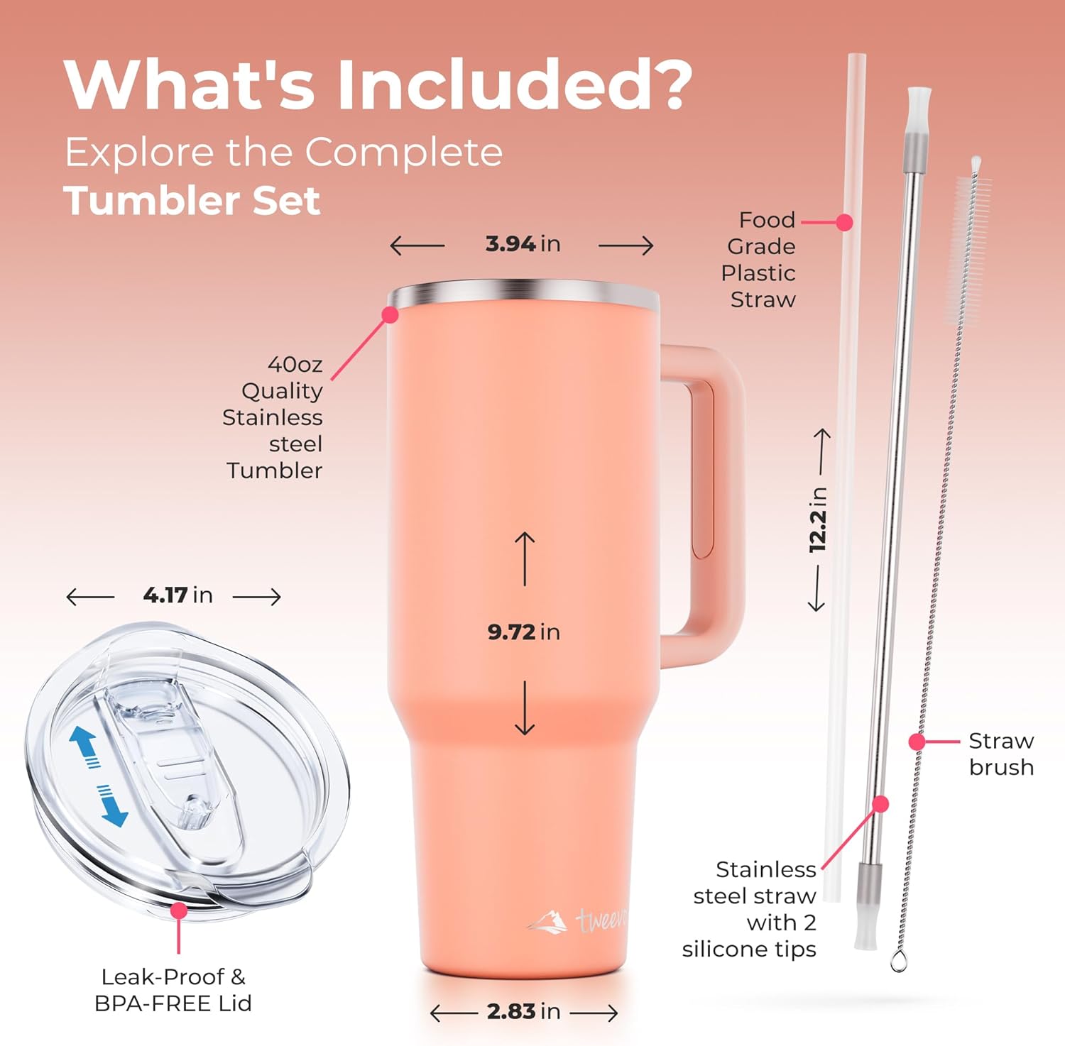 40 oz Tumbler With Handle and Straw Made of Stainless Steel - Double Wall Vacuum Insulated Tumbler With Lid - Sweat Proof Easy Grip, BPA-Free, Dishwasher Safe Tumbler (Peach) - Image 8