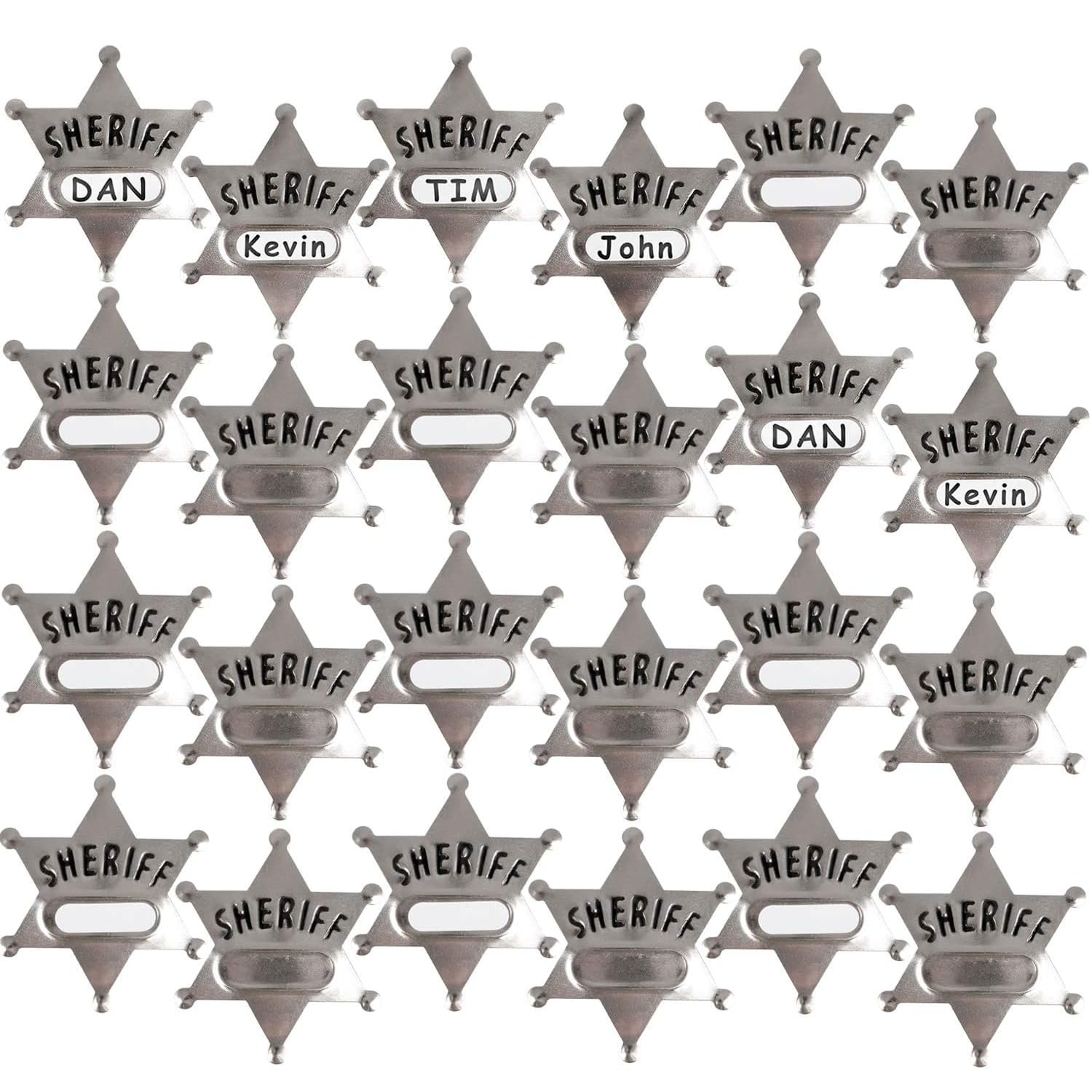 Badges de shérif en métal – Lot de 24, Silver Star Badges nominatifs Western Cowboy pour enfants