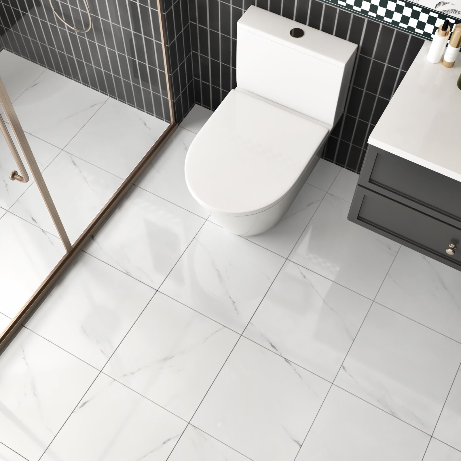 24 piezas de suelo de vinilo autoadhesivo blanco PVC para suelo de azulejos efecto azulejos brillantes para suelo vinilo adhesivo autoadhesivo azulejos baño suelo baldosas blancas para el