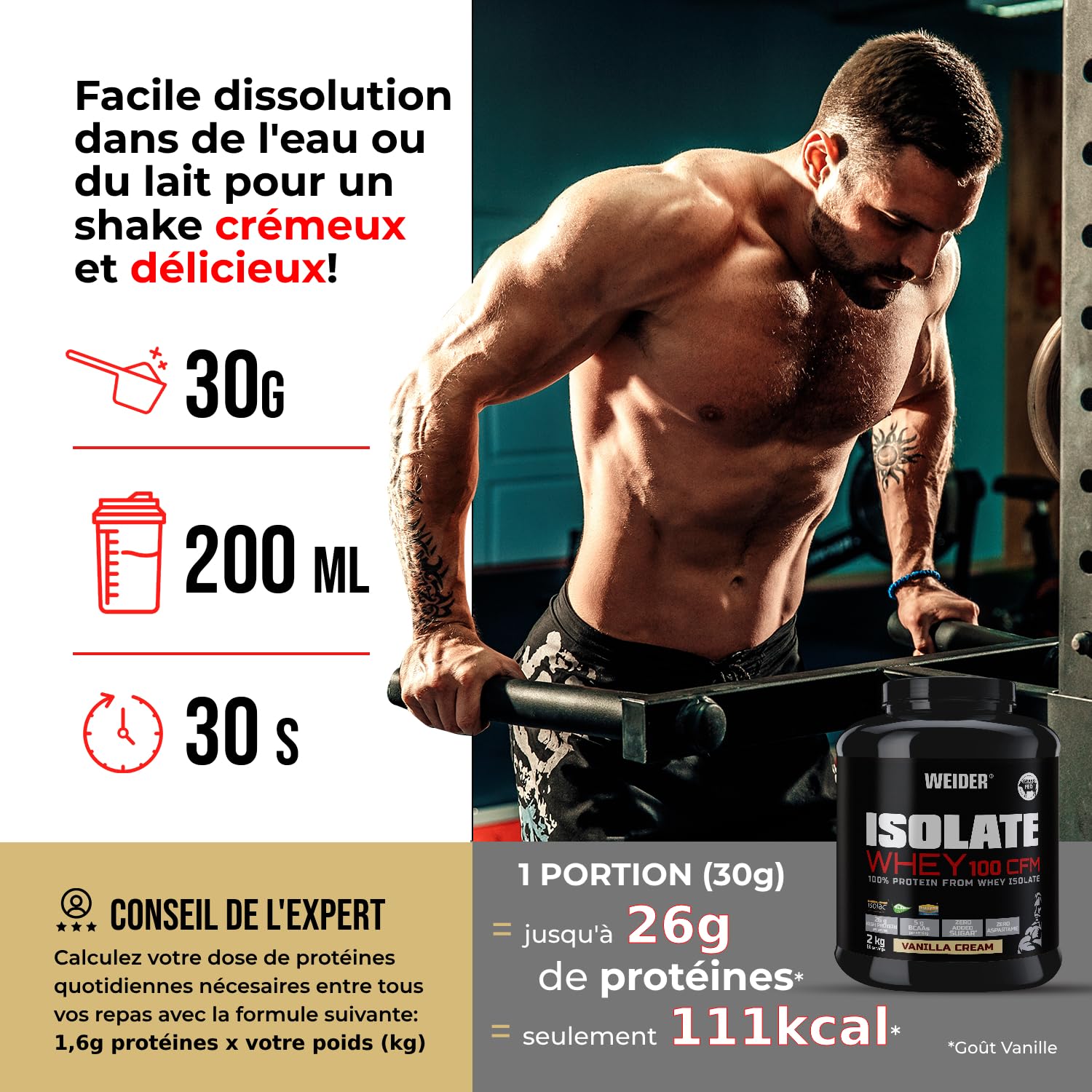 Weider Isolate Whey 100CFM (420g) Goût Chocolat, 100% Isolat de Protéines de Lactosérum 23g /Portion, Avec Enzymes Digestives, Sans Sucres Ajoutés, ni Aspartame, Faible teneur en Graisses, 14 portions