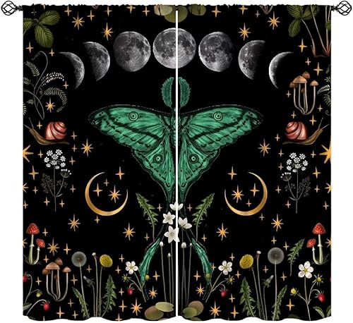 Miniatura 10 de Cortinas de polilla de la muerte, cortinas bohemias góticas de calavera, fantástica decoración de fondo de luna llena, plantas estrelladas moradas,