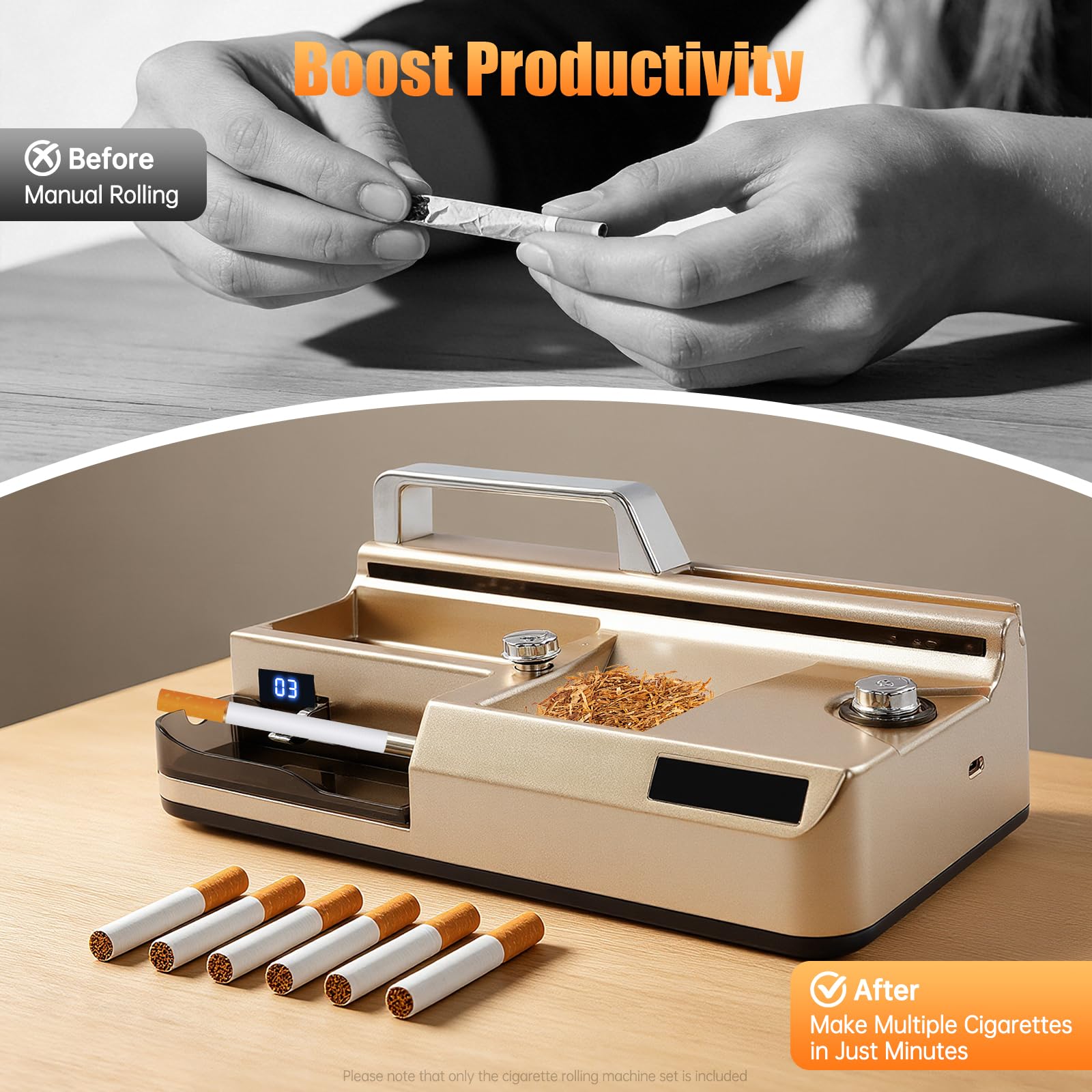 Riempitrice elettrica per sigarette con display contatore (oro) | Velocità regolabile, spegnimento automatico e 3 tubi in metallo da 5,5/6,5/8 mm