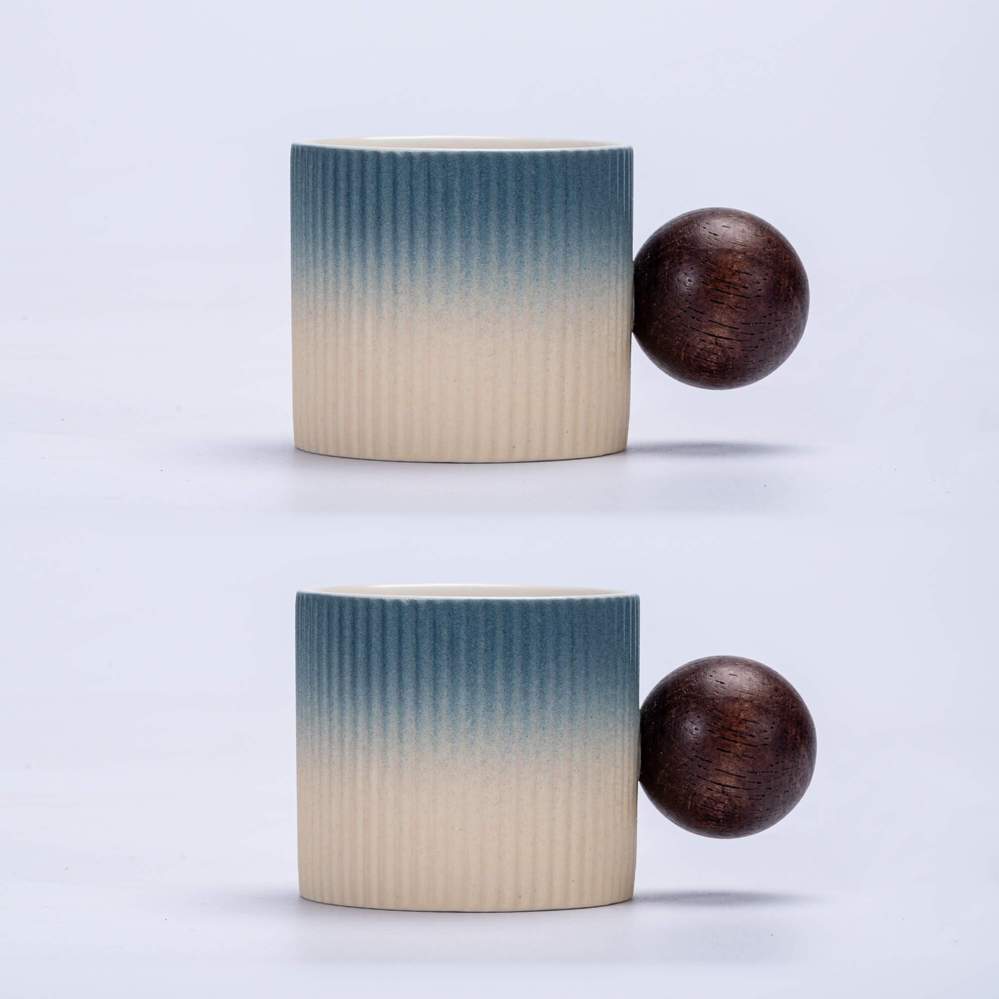 CLASGLAZ Espresso Cups 70ml, Small Ceramic Coffee Cups, Mini Mugs with Round Wooden Handle, Vertical Stripes Tea Cups (Beige Blue, 2pcs)