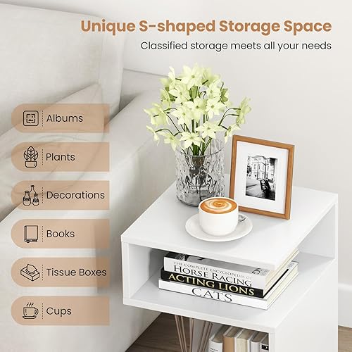 Miniatura 6 de Giantex Juego de 2 mesas auxiliares de 3 niveles, mesa auxiliar en forma de S con 2 compartimentos de almacenamiento abiertos, mesita de noche