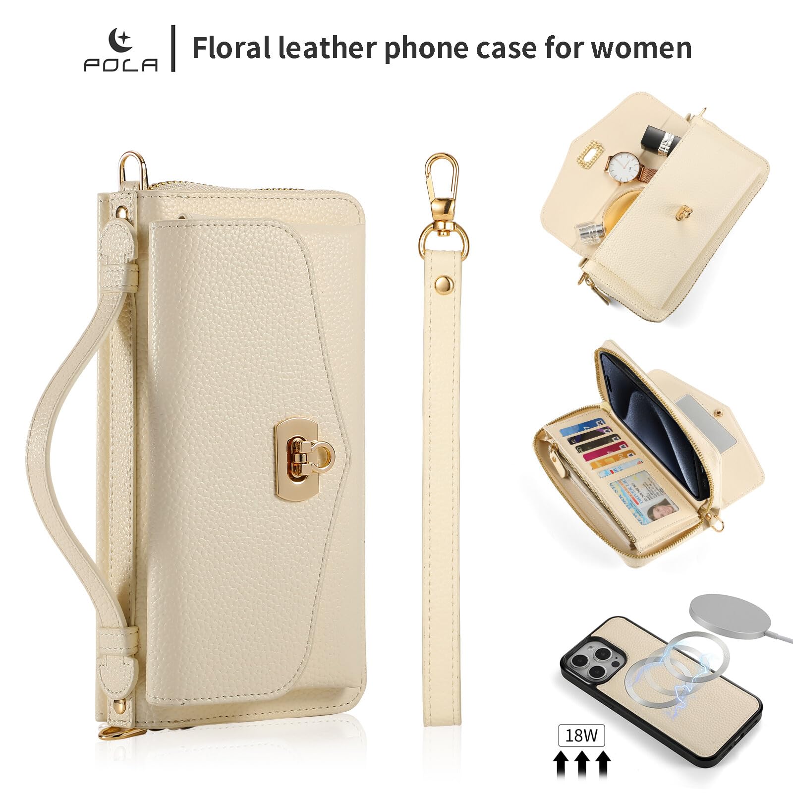 Generic Étui compatible avec iPhone 12/iPhone 12 Pro (6,1 pouces (couleur : beige) cuir multi portefeuille à rabat magnétique coque arrière sangle