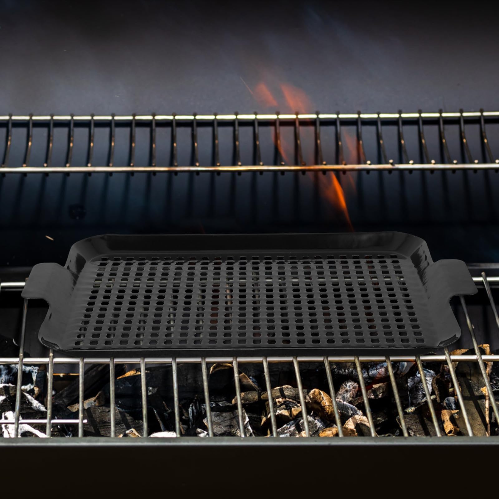 Tofficu 2 Stück Antihaft Backformenset aus Edelstahl mit Komfortablen Griffen und Perforiertem Design Rechteckige Grillschalen zum Grillen von Fisch und Paprika im Outdoor Bereich