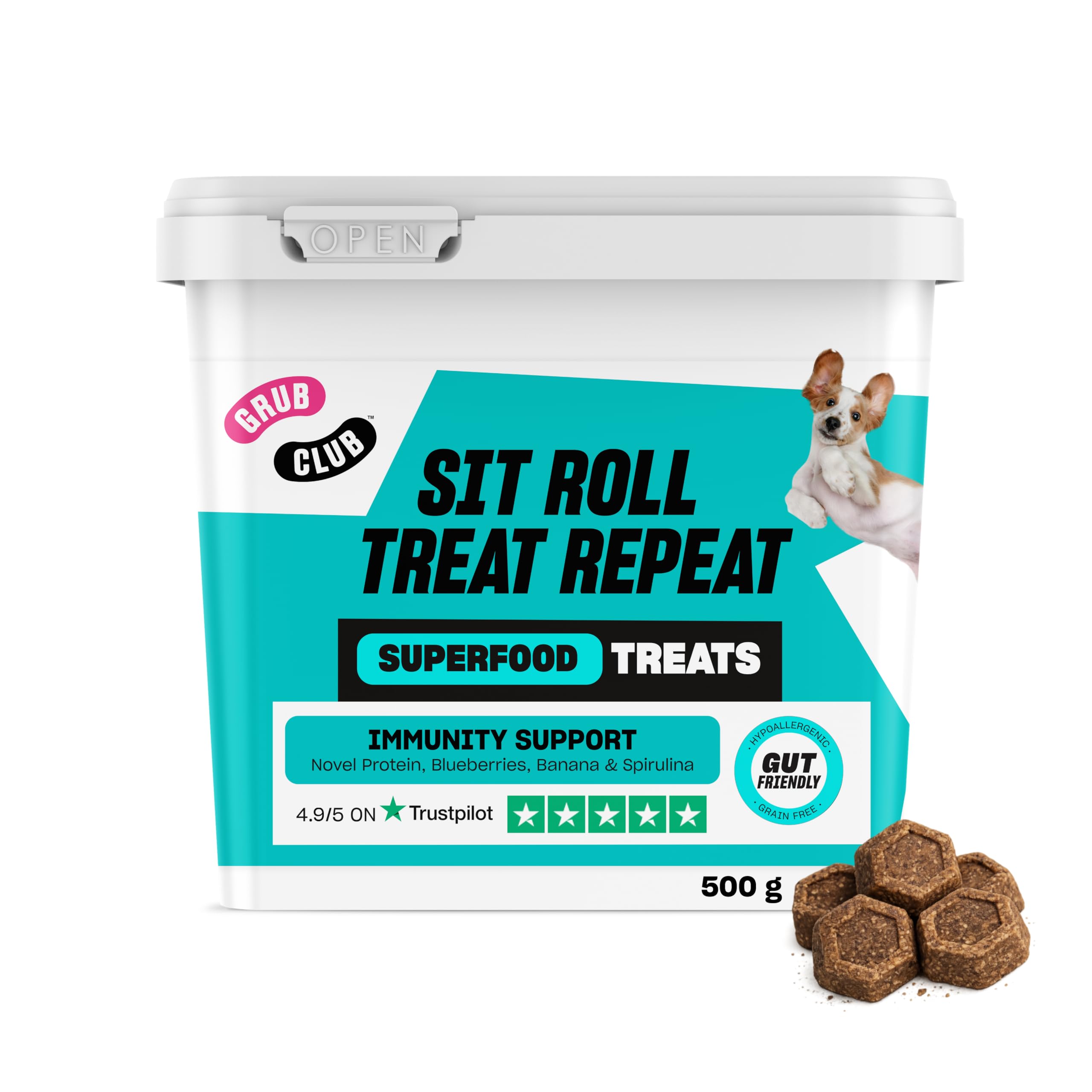 Grub Club Insect Protein Superfood Dog Treats for Daily Training and High Value Rewards - Grain Free, High Protein and Planet Friendly - Sit Roll Treat Repeat (500g Tub)