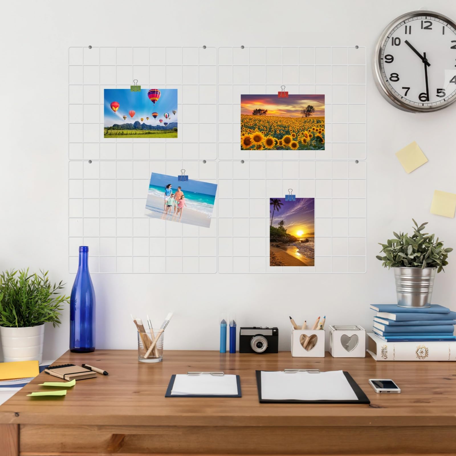 Pour la maison ou le bureau, décoration murale réglable et polyvalente, grille à suspendre avec clips, grille d'affichage murale en métal blanc, quatre pièces, idéal