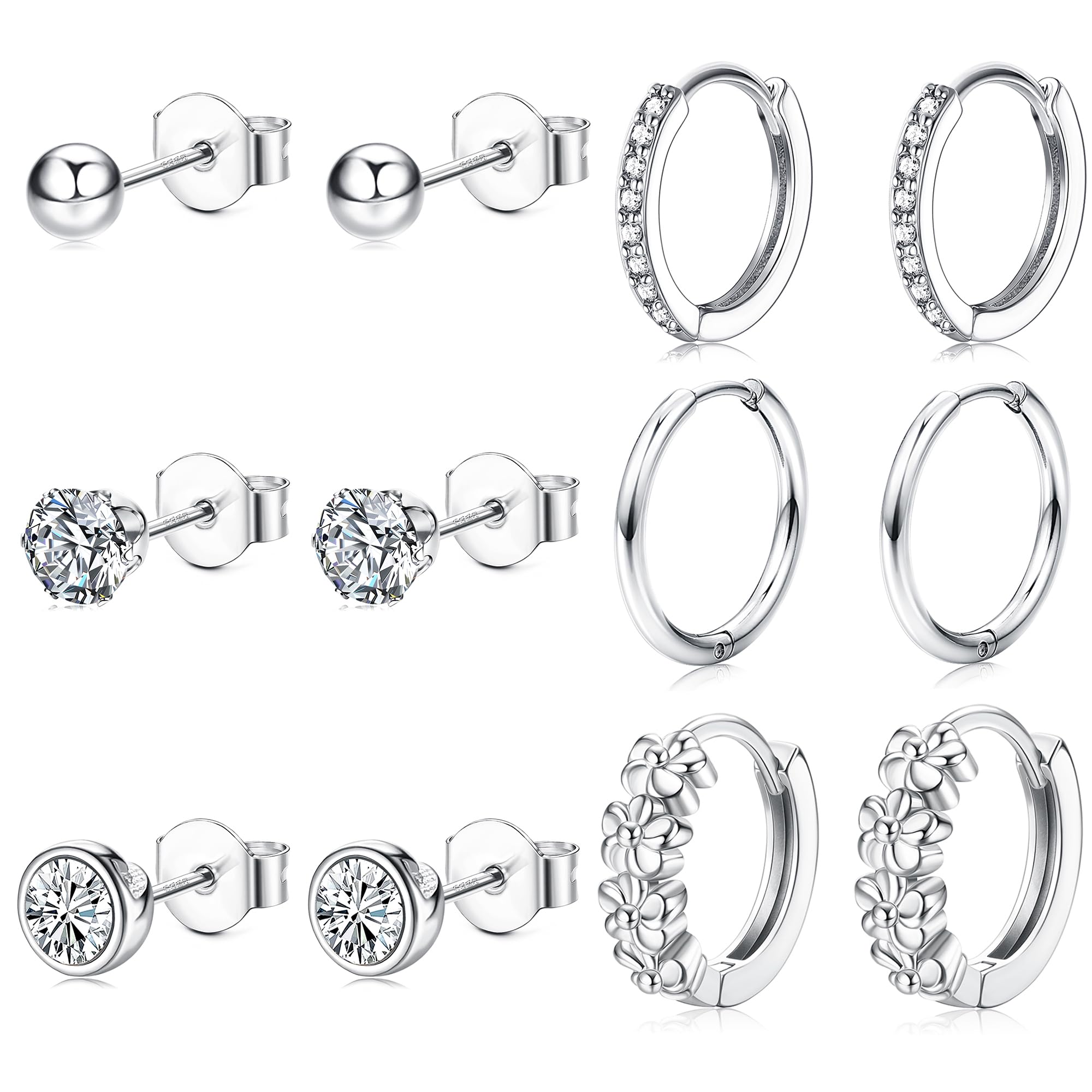 JeweBella 6 Pares Pendientes Plata de Ley 925 Aguja para Mujer Niñas Pequeño Pendientes de Aro Plata Hipoalergénicos Piercing Pendientes Cartílago de Circonita Cúbica Juego de Pendientes Mujer Plata