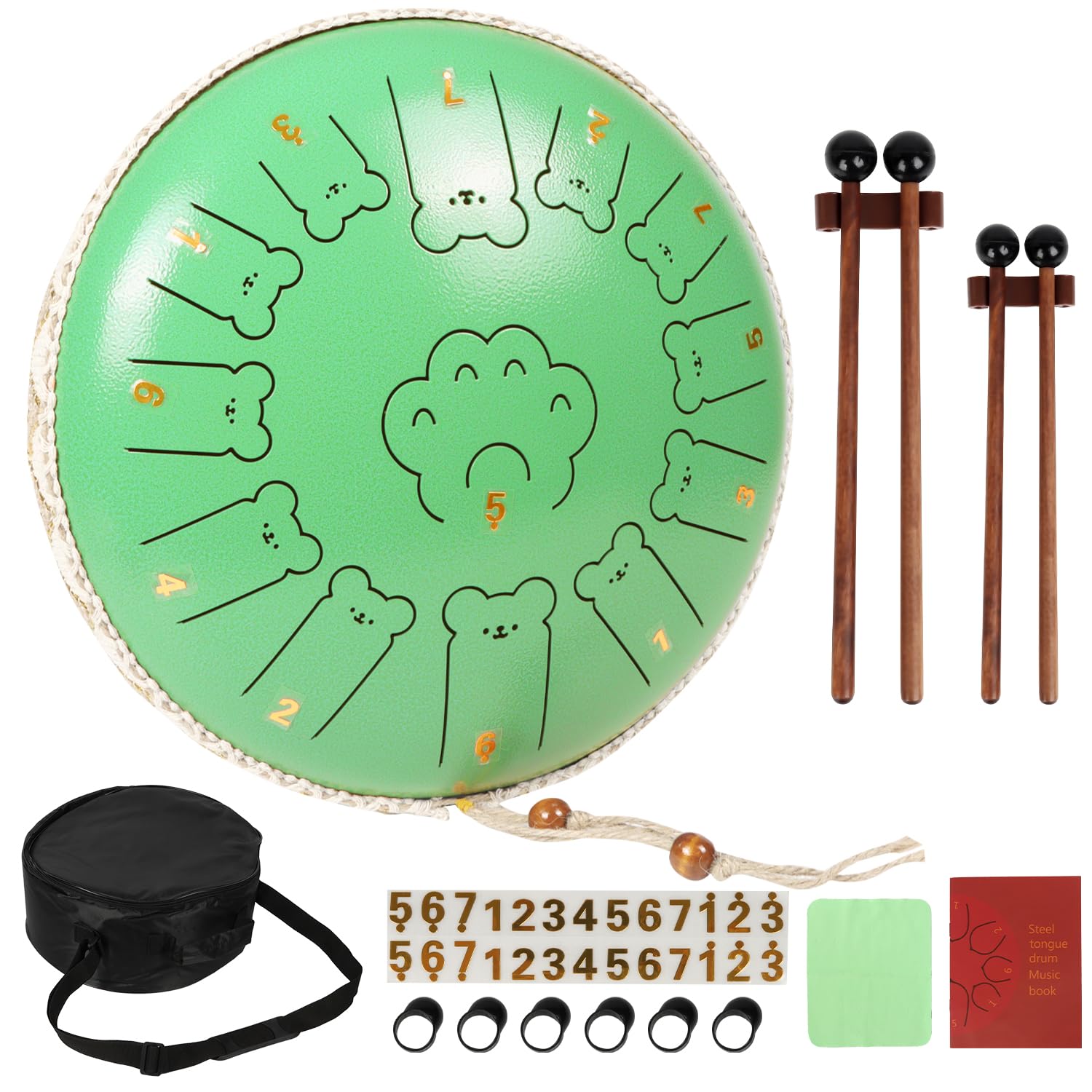 JINBAITAI Bear Steel Tongue Drum 13 Inch 13 Note, Steel Drum with Mallets 2 Pairs, Carry Bag and Music Book, C Major Percussion Kit for Beginners, Sound Healing Instruments (Pea Green)