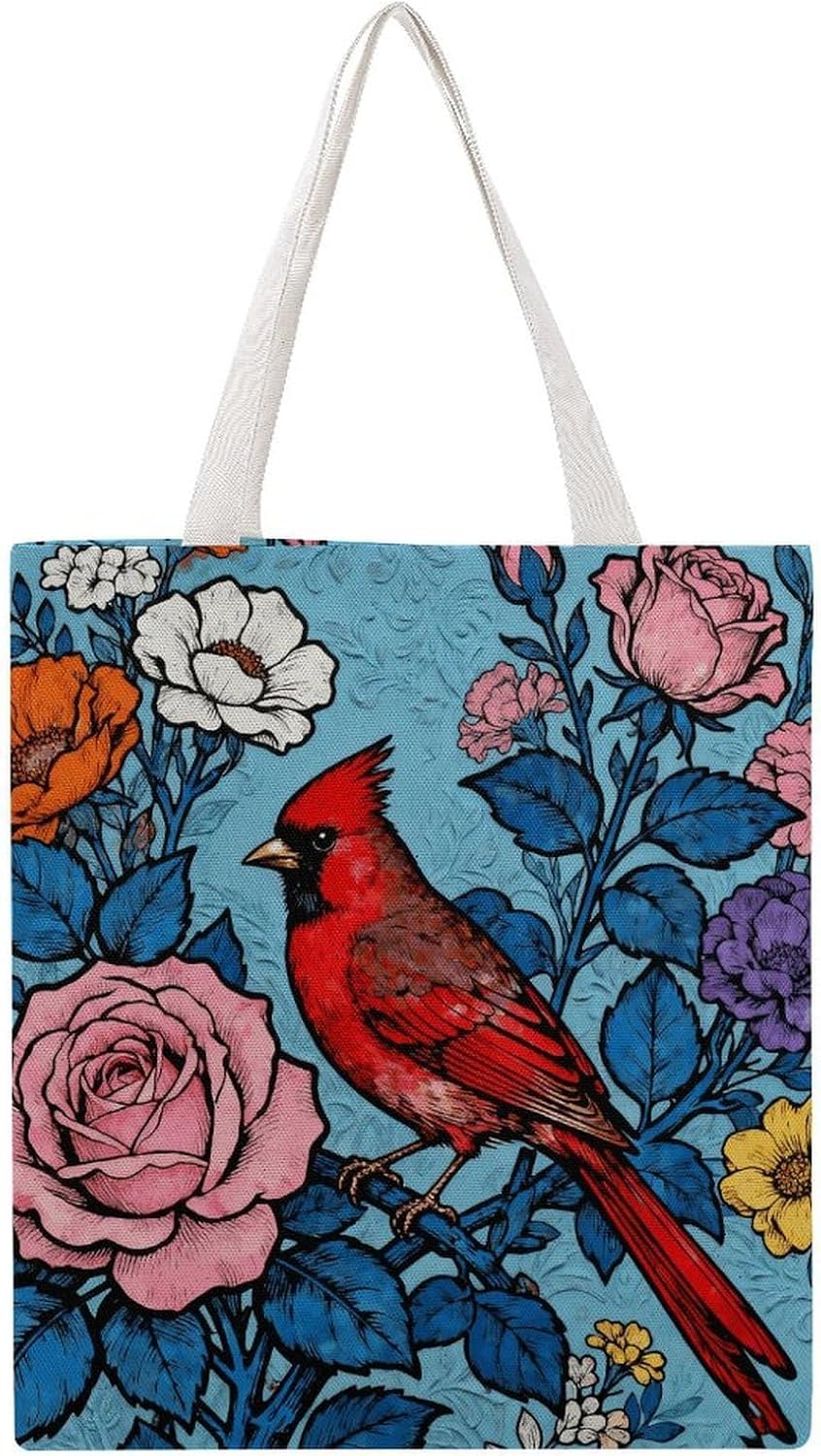 Red Bird And Flower Canvas Tote Bag Reusable Grocery Bags Foldable Soft Cotton Shoulder Carry Bag