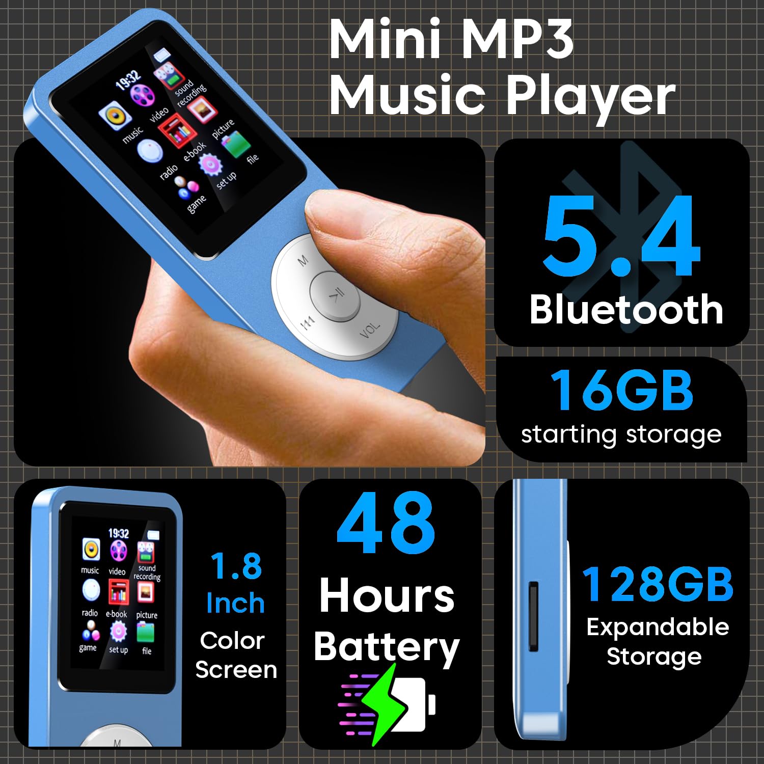 Sounce 16GB Mini MP3 Music Player with Bluetooth 5.4, HiFi Lossless Audio, Video Playback, Voice Recording, FM Radio, E-Book Reader & Built-in Speaker | Expandable Up to 128GB (Blue) — Amazon image 2