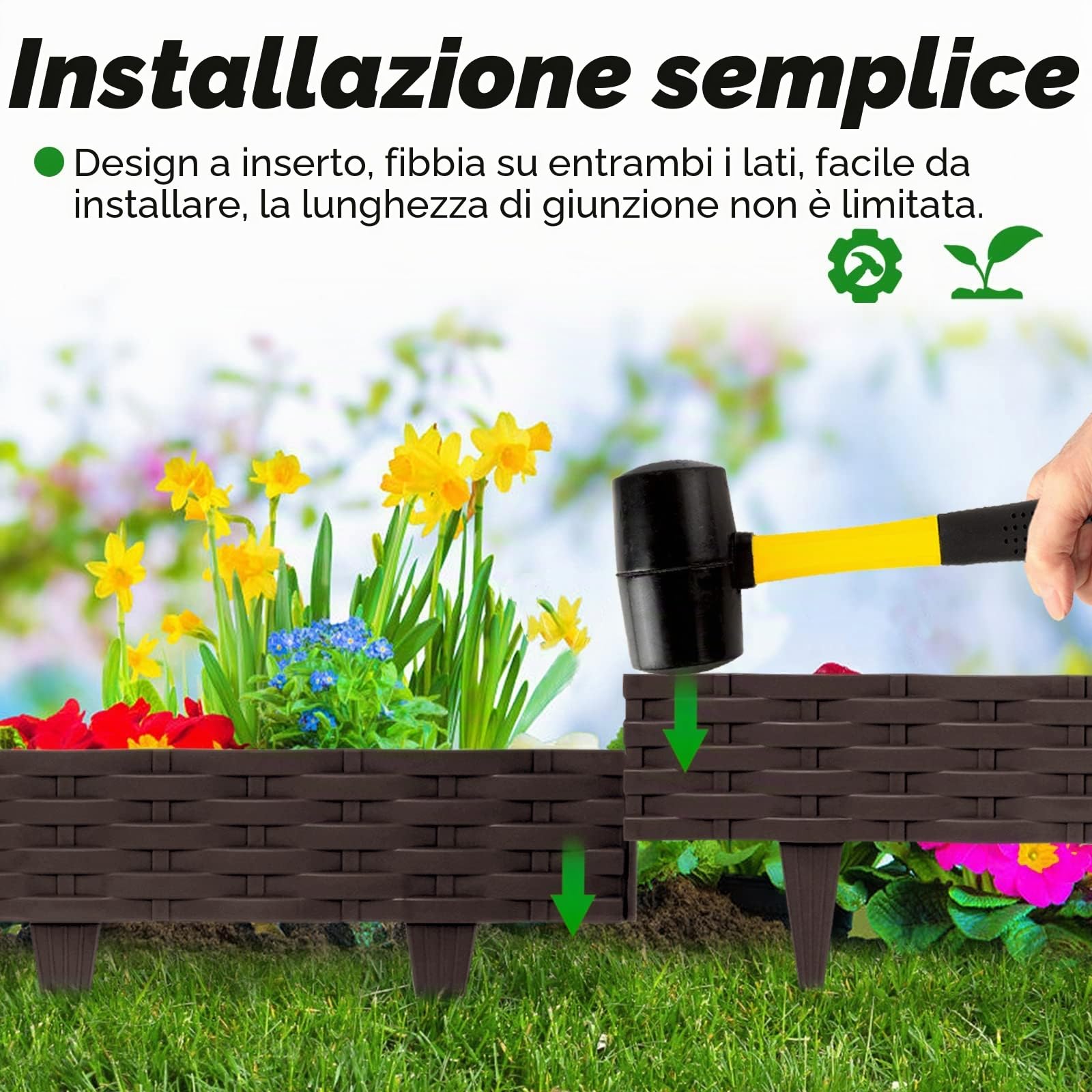 LZQ Bordo per aiuole, 10 m, rotondo, in plastica, con 10 elementi da 1 m, colore marrone