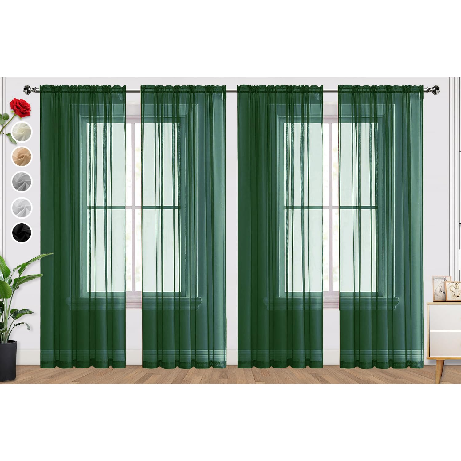 SpaceDresser Foliage Green Sheer Curtains 4 Panels Rod Pocket Semi-Sheer Curtain 54 Inches Long Light Filtering Voile Window Drapes for Bedroom Living Room Kitchen, Each 52W x54L