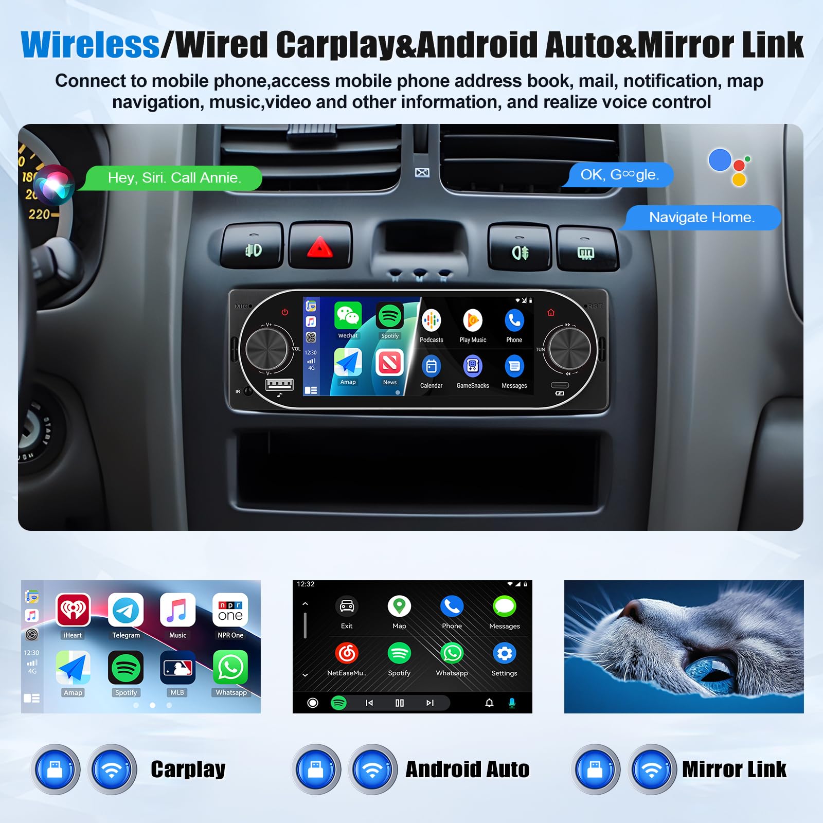 SIXWIN Autoradio 1 DIN Wireless Carplay et Android Auto, 5 Pouces HD Ecran Tactile Poste Radio Soutien Lien Miroir pour iOS/Android SWC Bluetooth 5.2/USB/Type-C/FM/EQ+Commande Volant