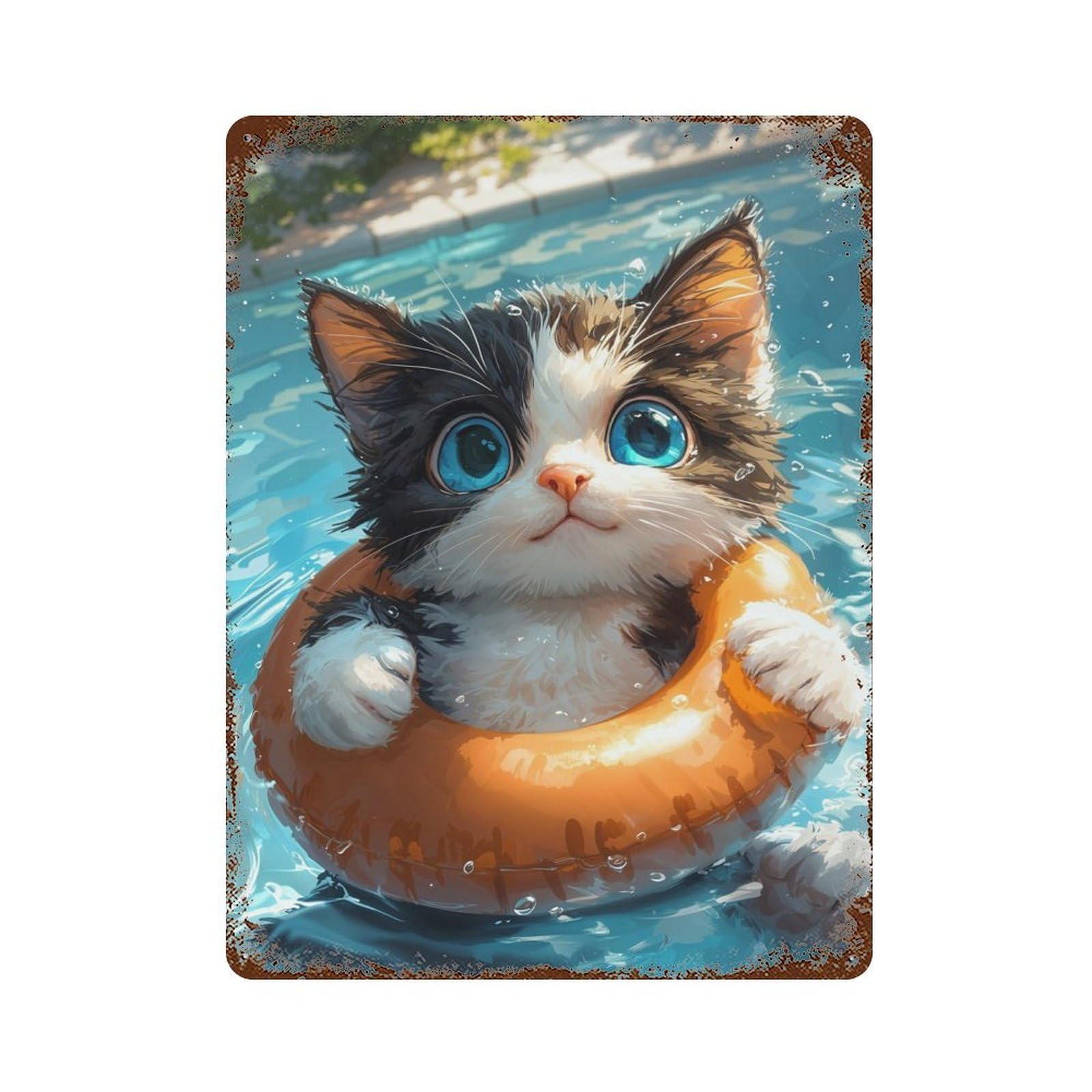 Cute Kitten Swimming 15.7"x11.8" Rusty Metal Tin Sign, Shabby Chic Decor for Bistro, Counter And Cafe Decor