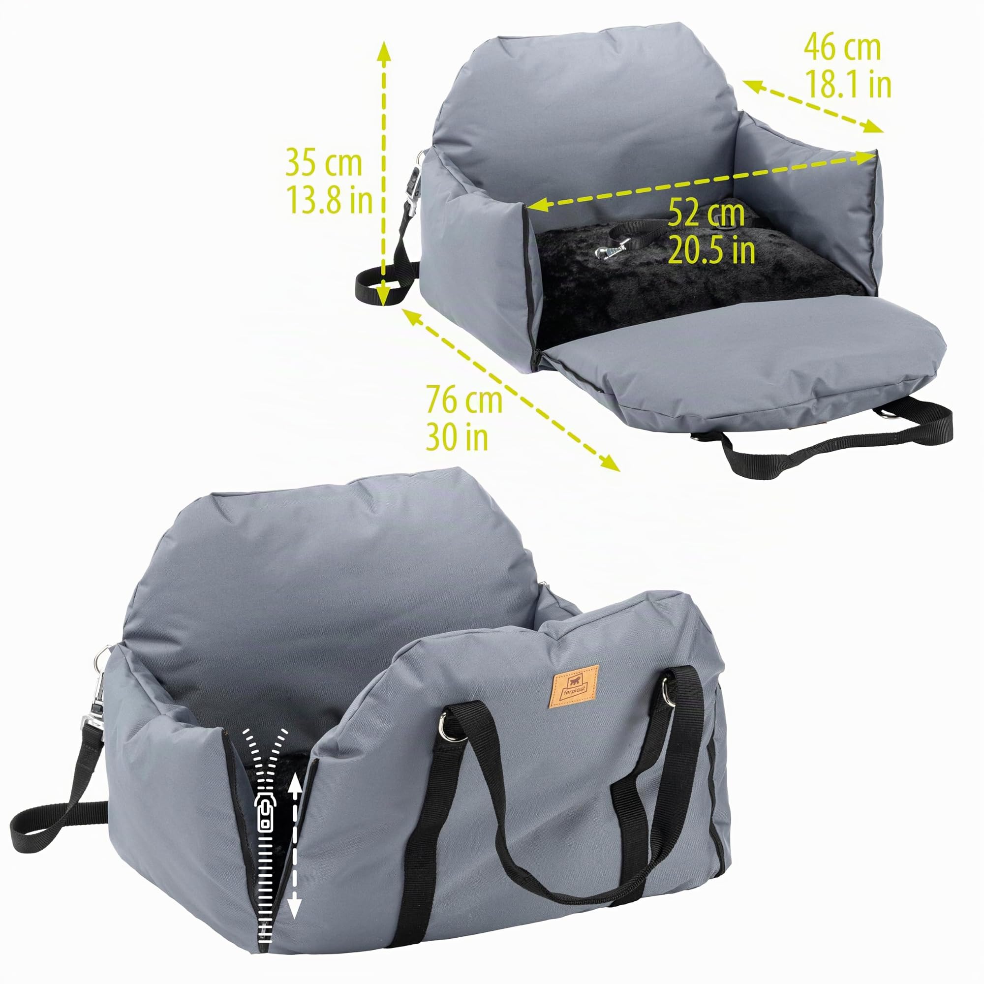 Ferplast Sac Transport Chienavec Bandoulière et Poignées, Coussin Réversible, Fixation au Siège et Mousqueton Magnétique, 52 × 46 x h 35 cm, Cruiser pour Chien, Transport en Voiture, Gris