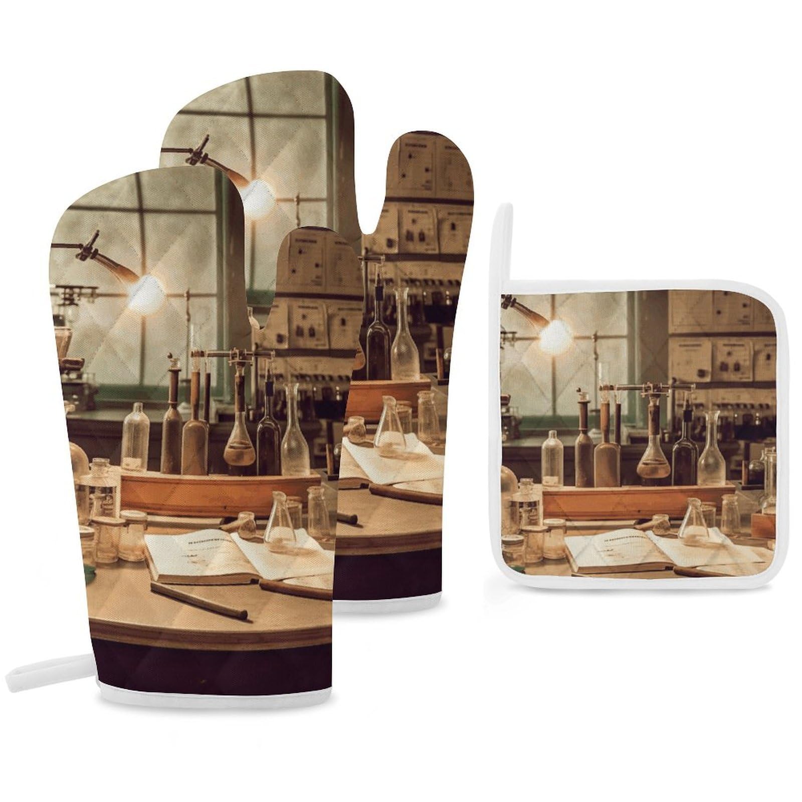 Ensemble gants de cuisine vintage et manique en coton épais imprimé laboratoire de chimie