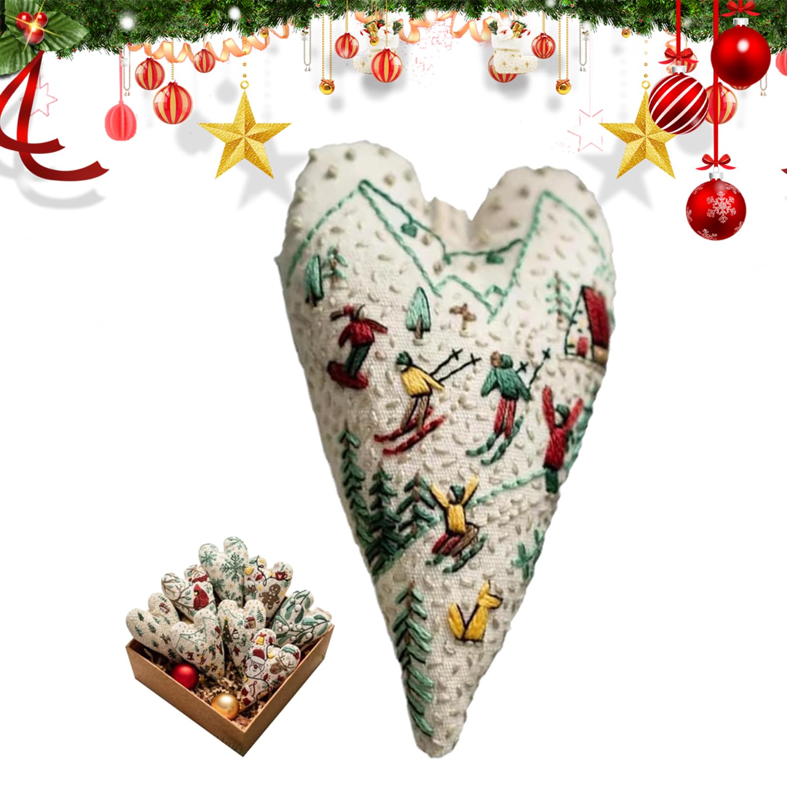 DIY Embroidery Christmas Ornament Kits - Heart Embroidery Christmas Decoration, Hand Embroidery Christmas Tree Hanging Ornaments, Christmas Ornament Kits -Skiing