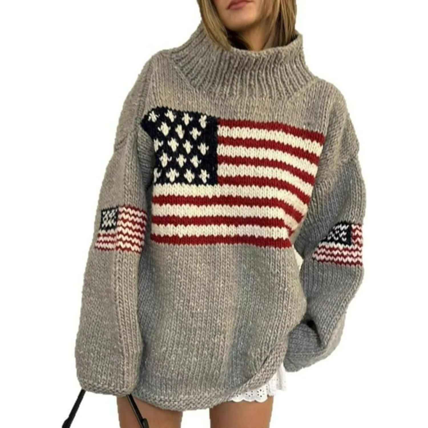 Gray American Flag Sweater Knit Ribbed Mock Neck Pullover Oversized Long Sleeve Fall Streetwear Sweaters