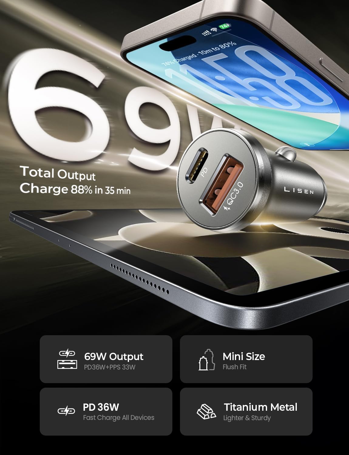LISEN Car Charger Fast Charge 69W Cigarette Lighter USB Charger [All Metal & Smallest] Car Van BMW Accessories Interior, 12V Car USB C Adapter Socket Gadget for iPhone 17 15 16 samsung s26 iPad Kindle — view 9