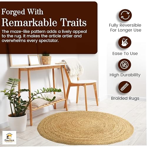 Miniatura 7 de GRUHUM - Alfombra de yute tejida a mano, de 9', fibra natural, boho, suave, trenzada, rústica, vintage, beige, reversible y ecológica para casa de