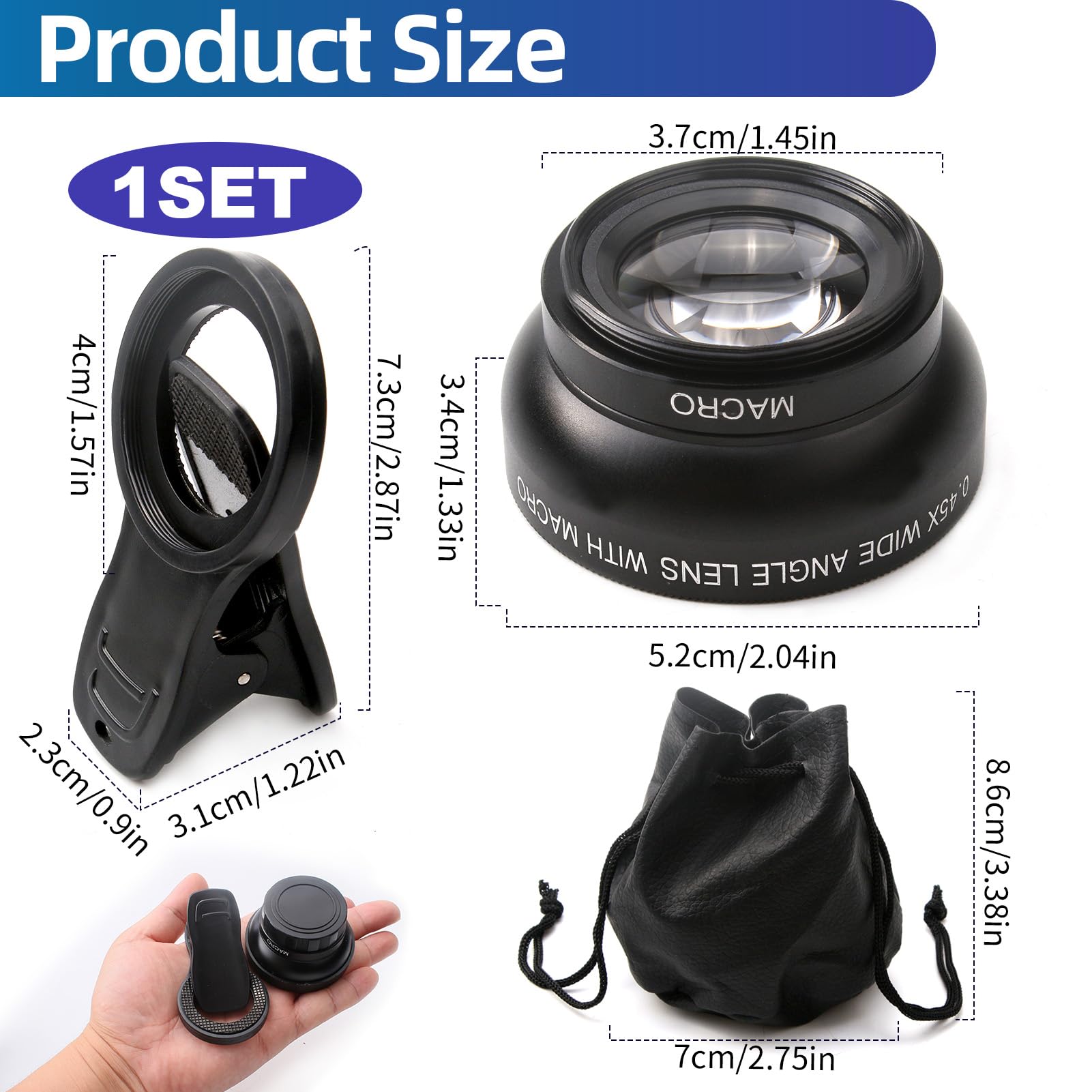 2 en 1 Objectif Macro Smartphone, Universelle Mobile Phone Camera Lenses Kit Objectif pour Smartphone 12.5X Macro Lens + 0.45X 140 Degree Wide Angle Lens pour la Plupart des Smartphones
