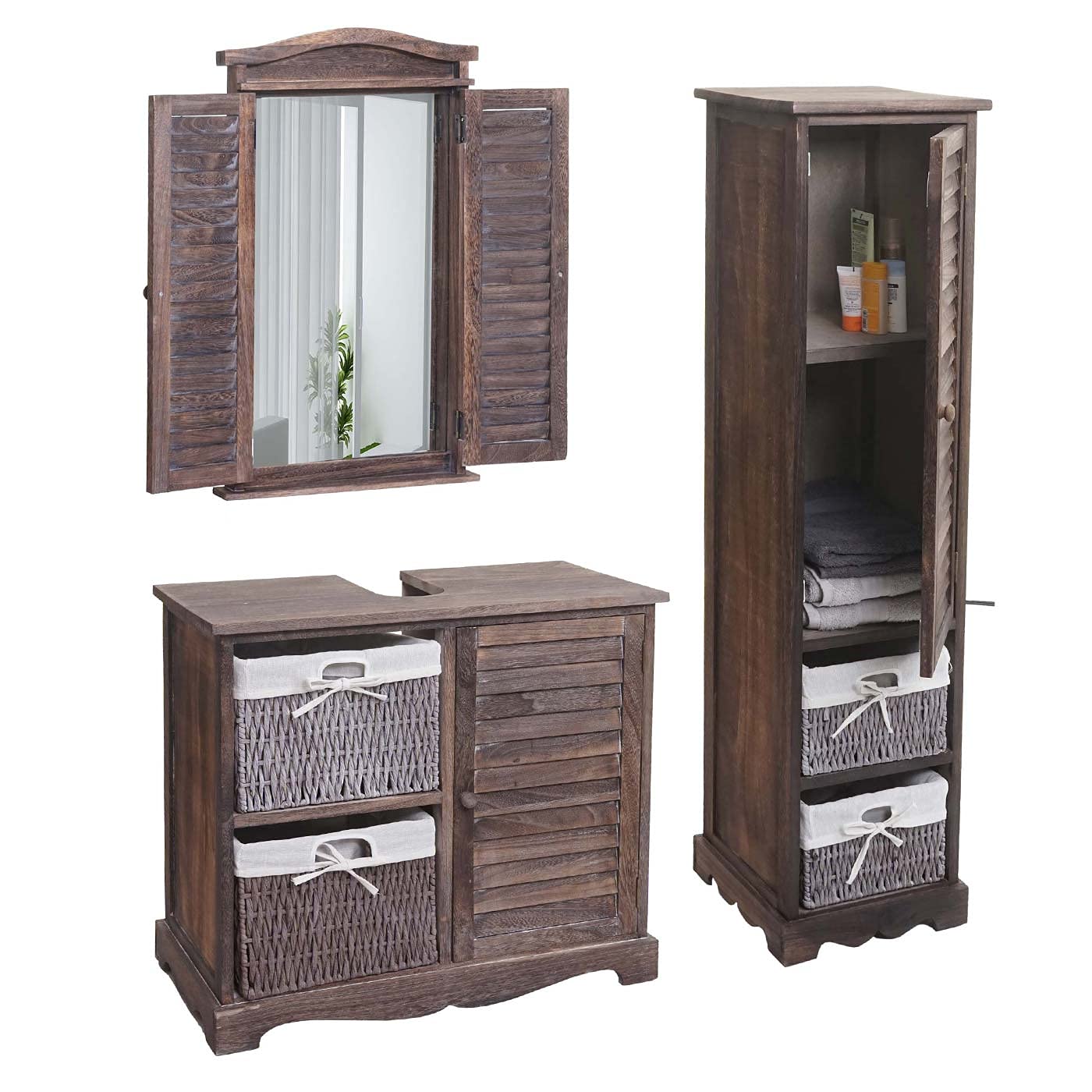 Mendler Badezimmerset HWC-H20AM, Badmöbel-Set Hochschrank Waschbeckenunterschrank Wandspiegel - Shabby braun
