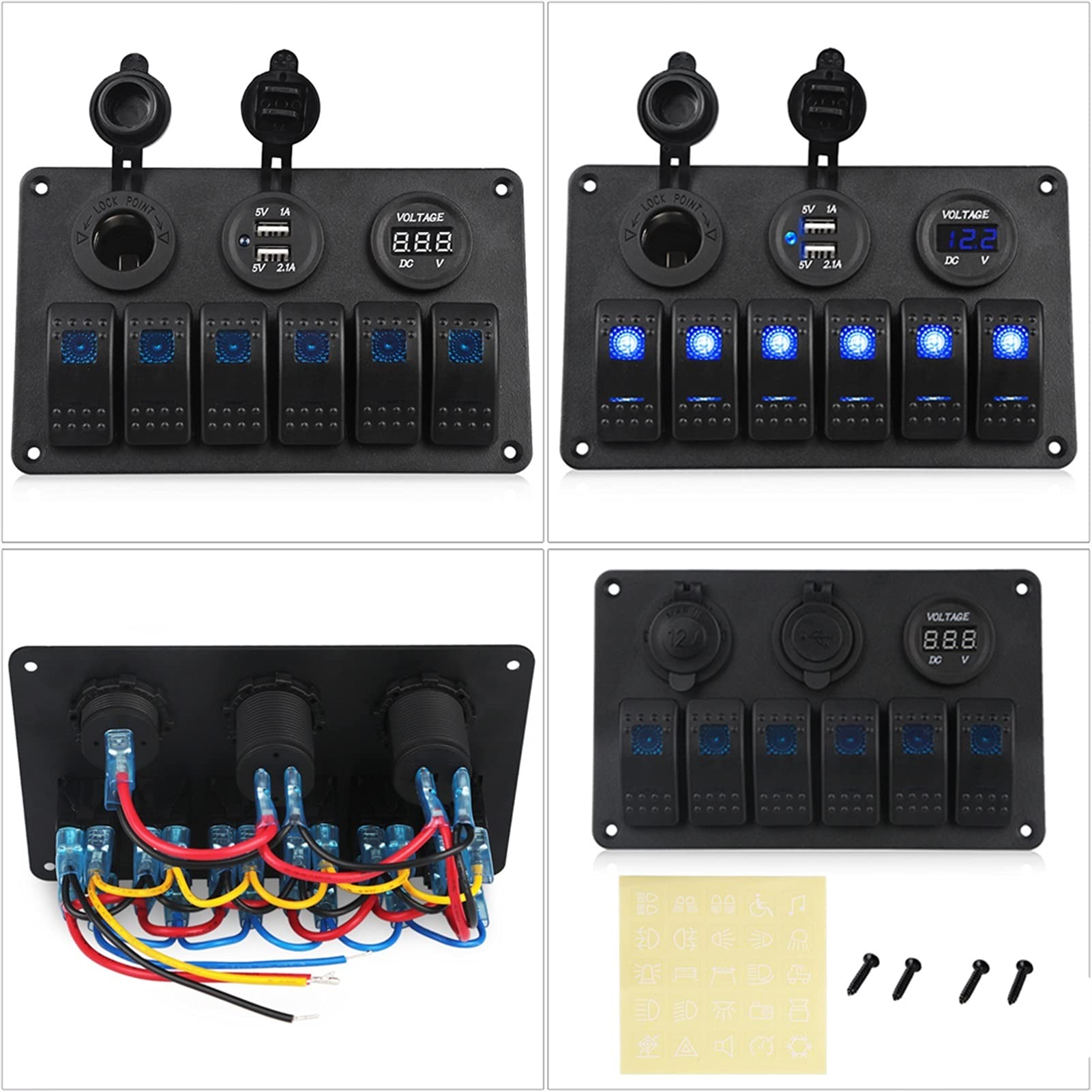 Panel przełączników morskich jachtowych, do łodzi, samochodu, ładowarki samochodowej USB, gniazda zapalniczki, woltomierz, panel oświetlenia 12 V, niebieski