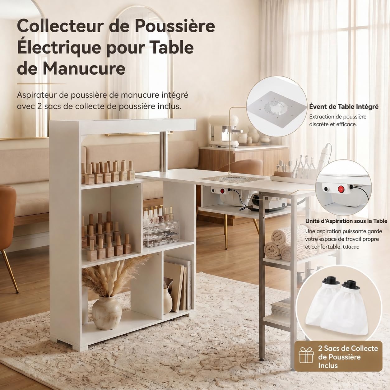 Caldion Mesa de cuidado de uñas con aspiradora, 7 estantes, mesa de manicura, con gran espacio de almacenamiento, mesa de trabajo de salón, mesa de cuidado de uñas, mesa de uñas con aspiradora, 110 x
