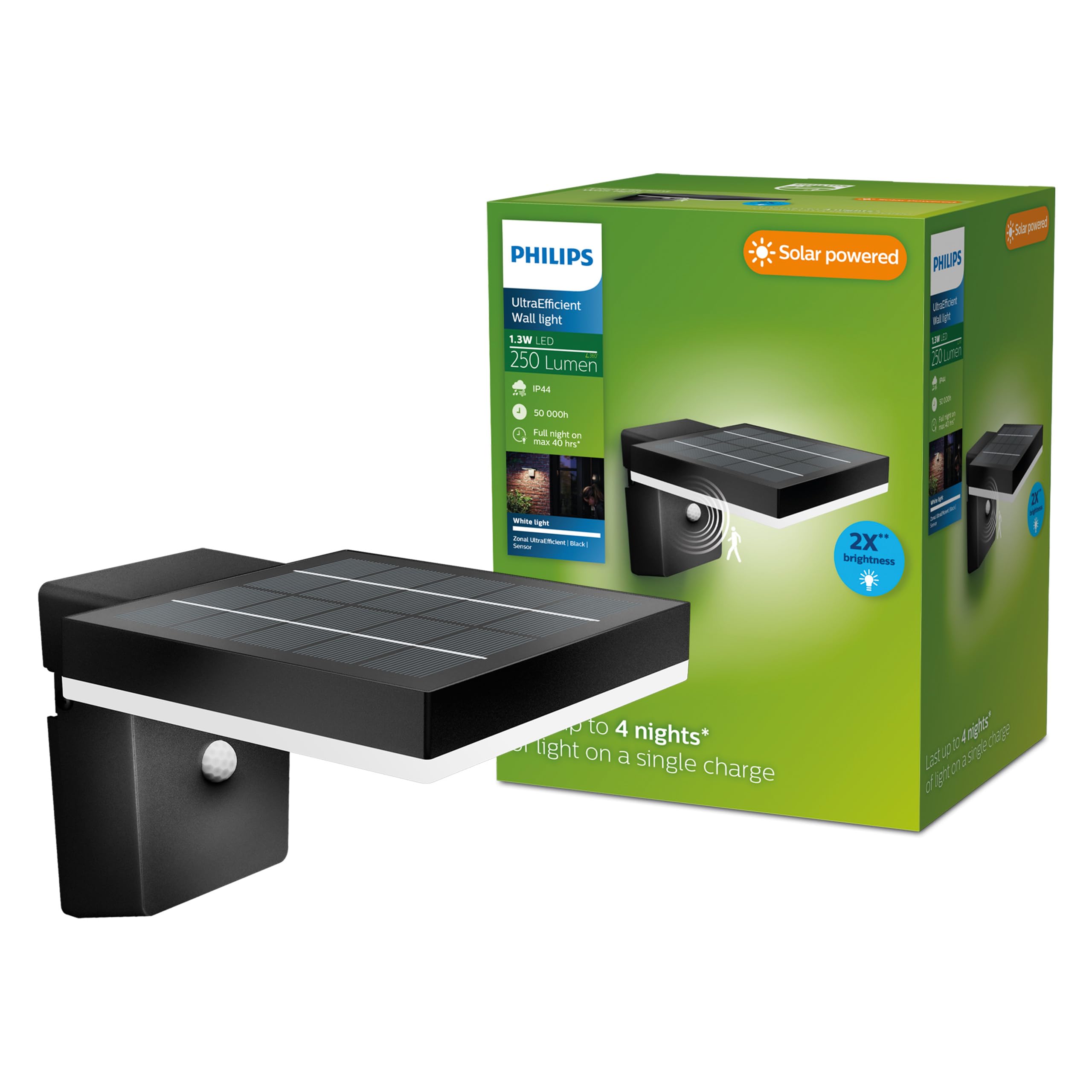 Philips Black Lighting Zonal Ultraefficient Outdoor Solar Wall Light, Square, 1.3W, 3000K, Motion Sensor, Ip44 Weatherproof