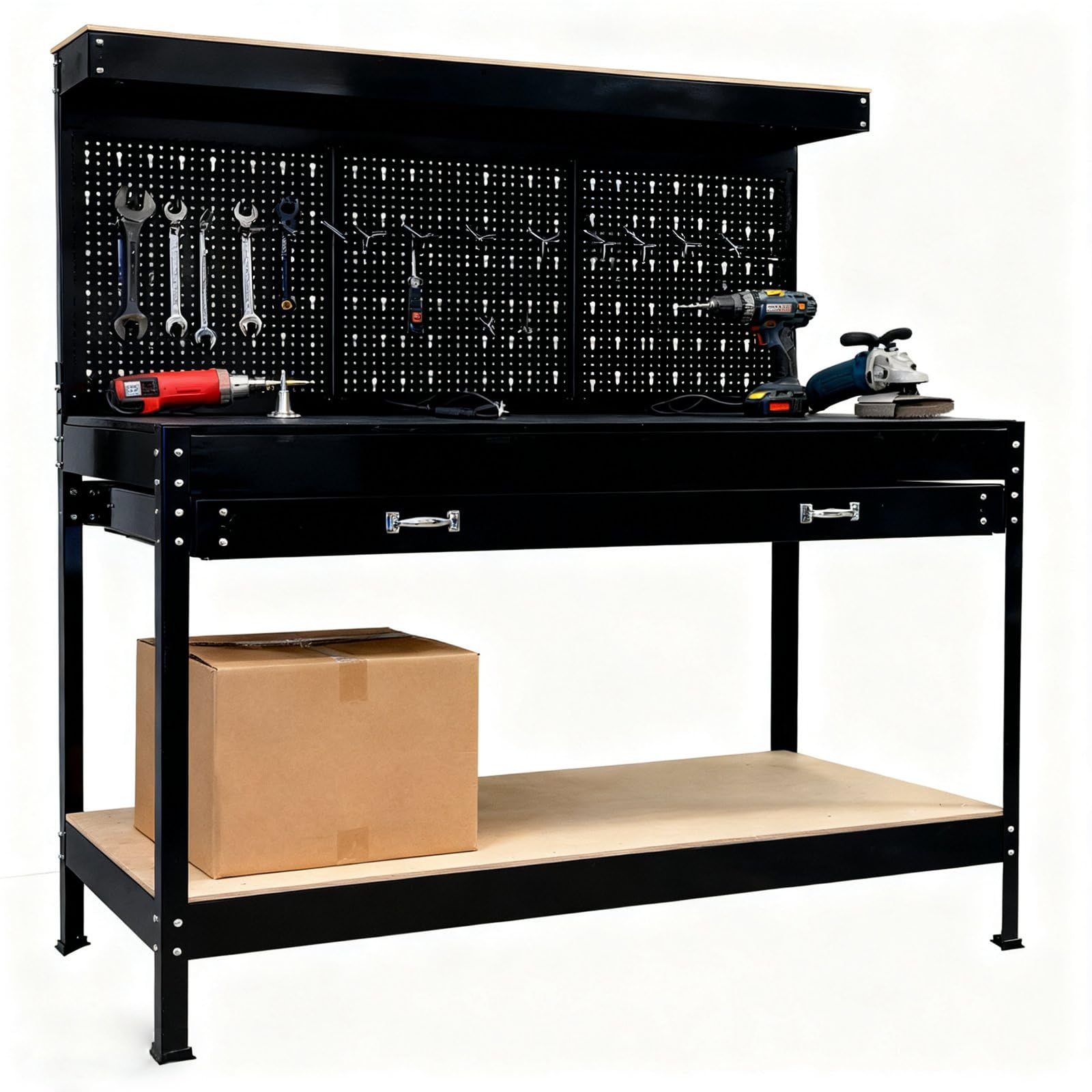 Switzer Black Heavy-Duty Metal Workbench For Garage, Workshop Table With Pegboard, Top Shelf, Drawer & Lower Storage Shelf, Steel Frame Utility Work Table For Diy, Tools & Repair