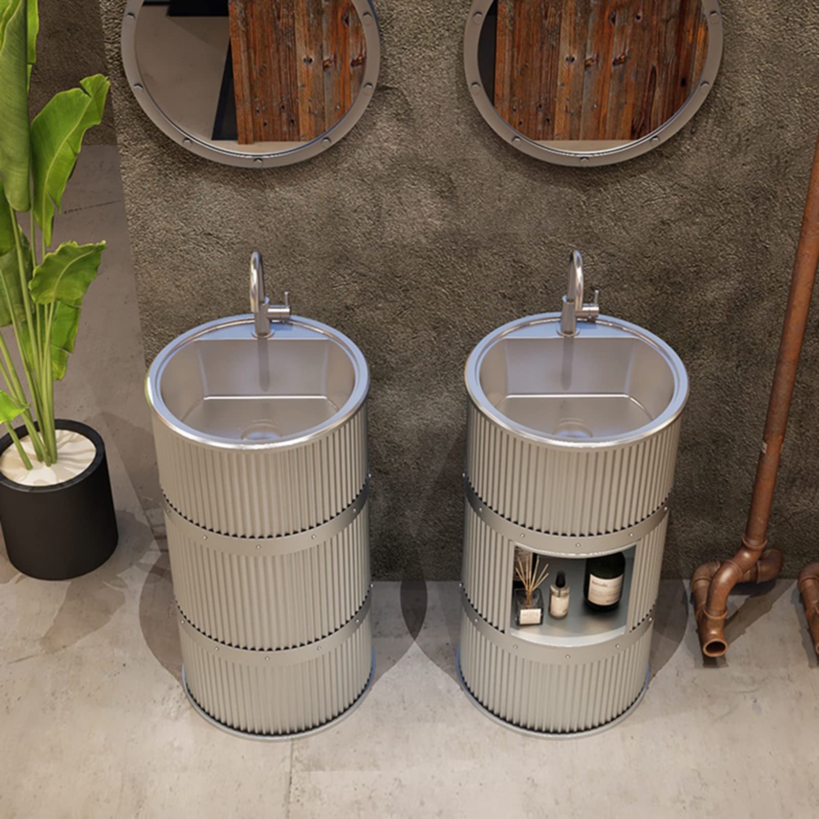 ZTGL Lavandino a Colonna Moderno in Ferro Battuto, Mobile da Bagno con Lavabo in Acciaio Inox, Lavandino su Piedistallo Freestanding Set con Rubinetto e Scarico
