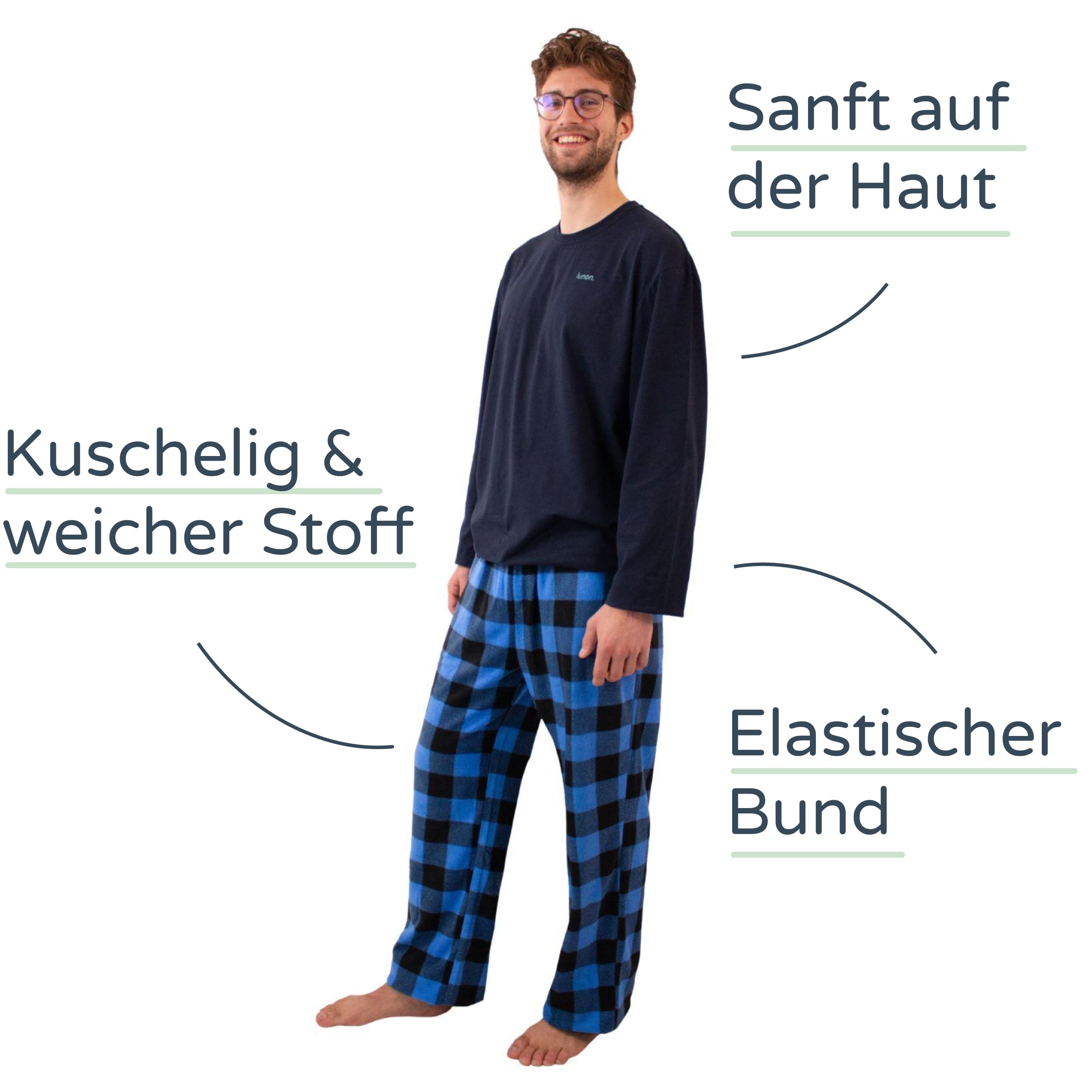 lunon Fleece Schlafanzug, Herren lang, Pyjama Set, Fleece, Langarm, Pijama for Men, Zeitloses Design, geeignet für Winter und Sommer (2-teiliges Set)