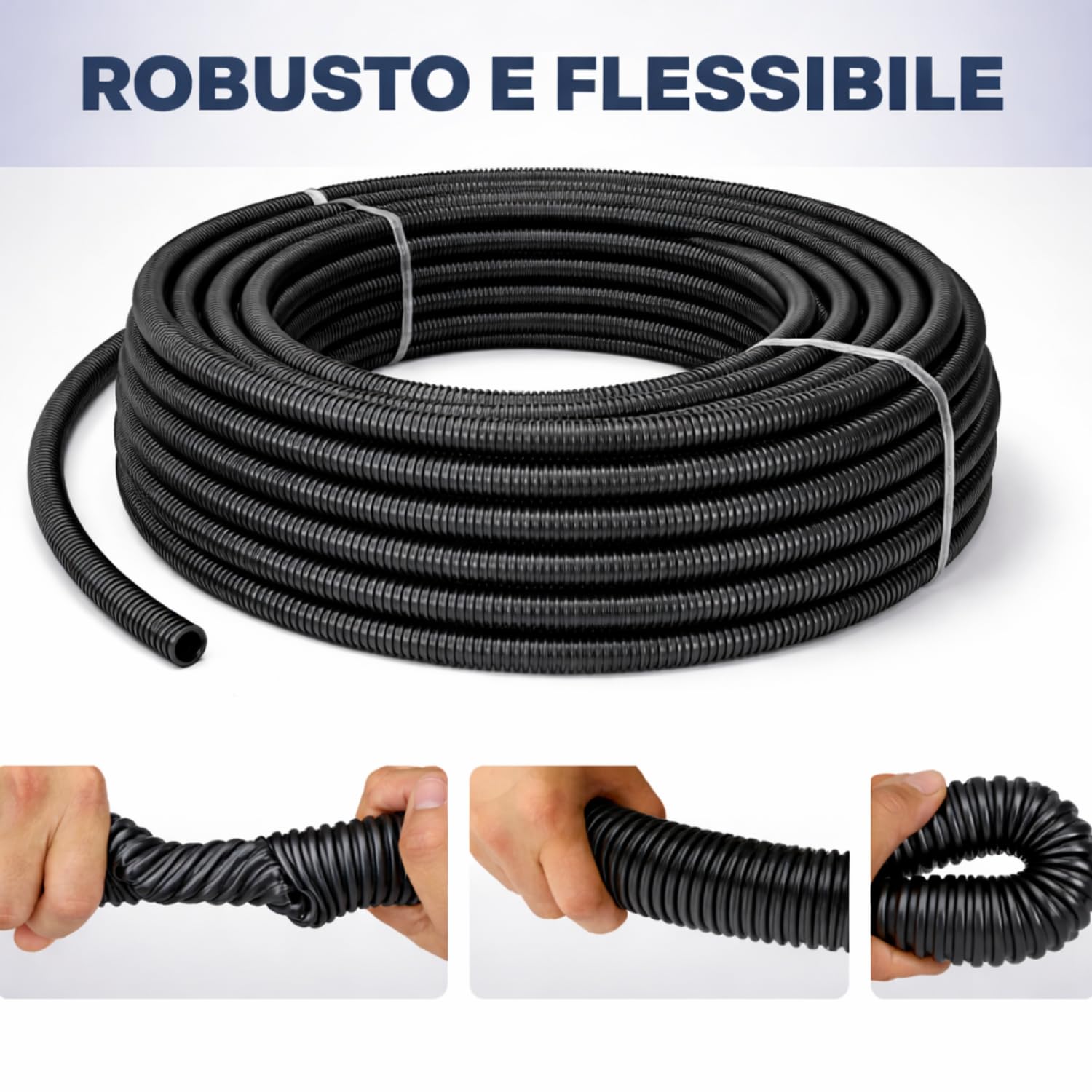 Corrugato da Esterno con Tirafilo Ø 25 mm x 50 m Guaina per Cavi Elettrici Tubo Corrugato Esterno Protettivo Isolante Flessibile in ABS Copricavo Nero Raccogli Cavi per Casa Auto Ufficio