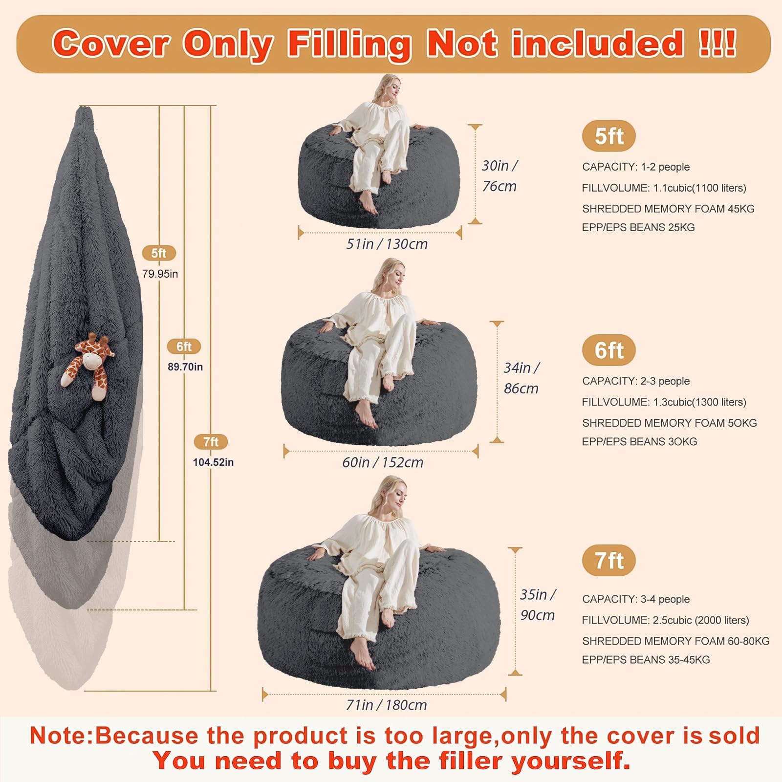 Bean Bag Chair Cover(No Filler) Soft Faux Fur Stuffed Animal Bean Bag Storage, Fluffy Plush Bean Bag Chair Cover Washable, Comfy Bean Bag Chairs for Adults, 7FT, Dark Grey