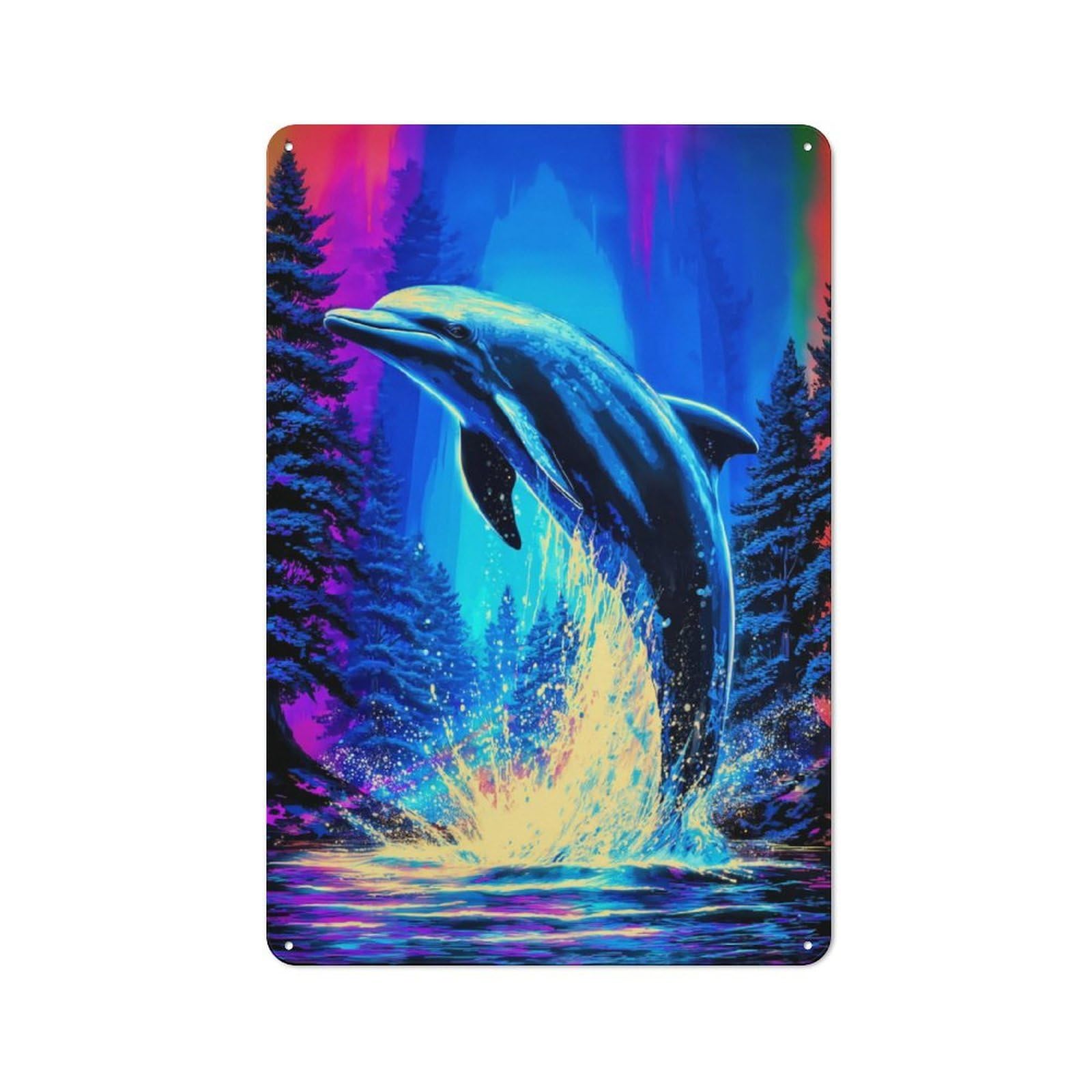Neon Dolphin Splash Printed Metal Sign for Pet Owners, Birthday, Christmas Or Housewarming Gift, 30x20cm