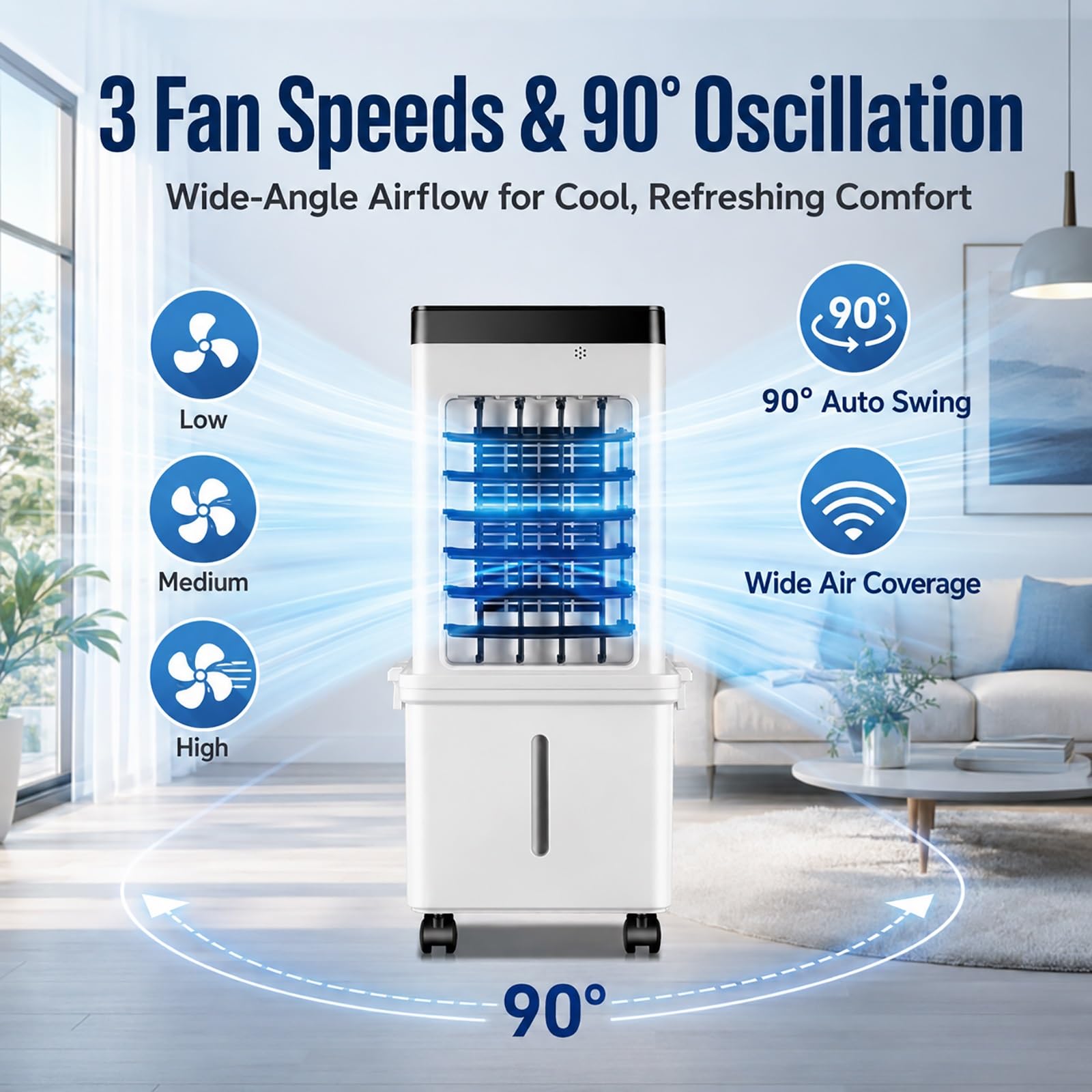 Enfriador de Aire Portátil, Climatizador Evaporativo con Depósito de Agua 15L, 3 Velocidades, Temporizador 7.5H, Mando a Distancia, Oscilación 90°
