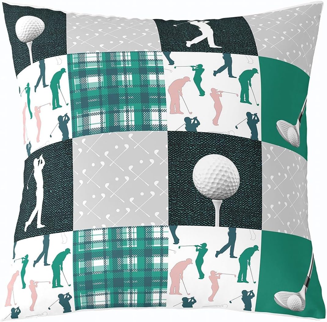 Homewish Golf Throw Pillow Cover 24x24 Inch Extreme Sports Style Players Print Cushion Cover for Teens Adults Retro Watercolor Patchwork Grid Stripes Cushion Case for Bedroom Chairs Office