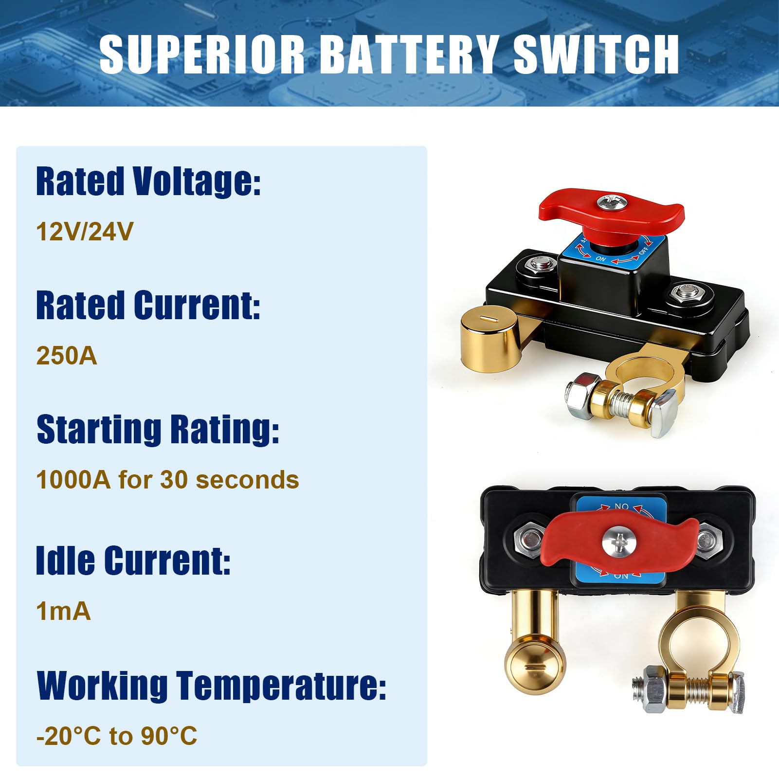 Car Battery Isolator Switch 12v-24v Pure Copper Car Battery Power Cut-Off Switches Breaker Car Battery Disconnection Switch for Cars Truck RV Marine and Boat, Anti-Theft & Power Failure Protection (1) — view 3