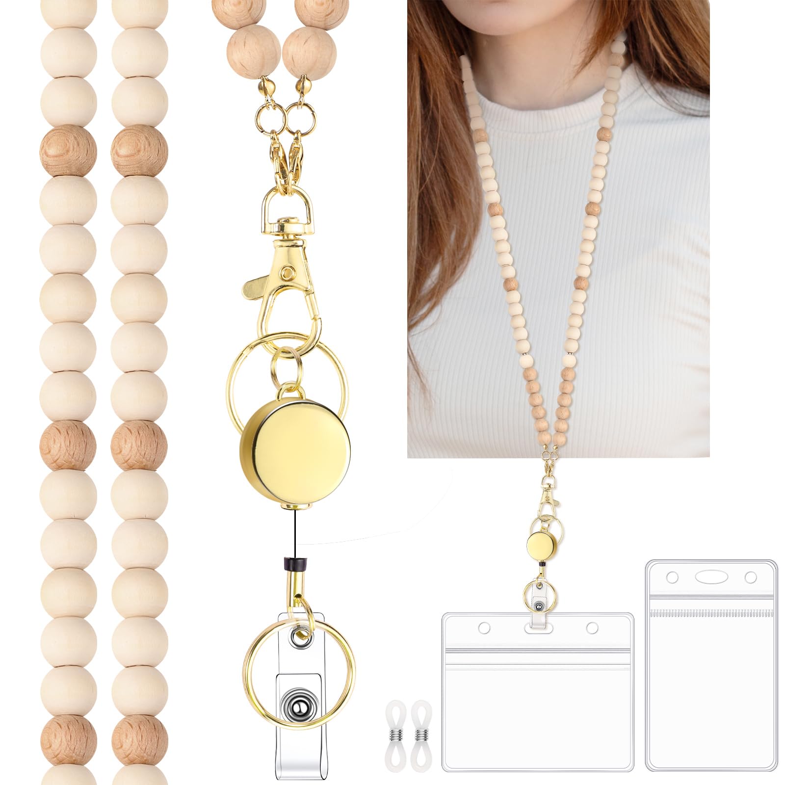 BESARME Teacher Lanyard with ID Holder Cute Wooden Beaded Lanyards for ID Card Badges Holder Retractable Badge Reel Keys Eyeglass Chains for Women