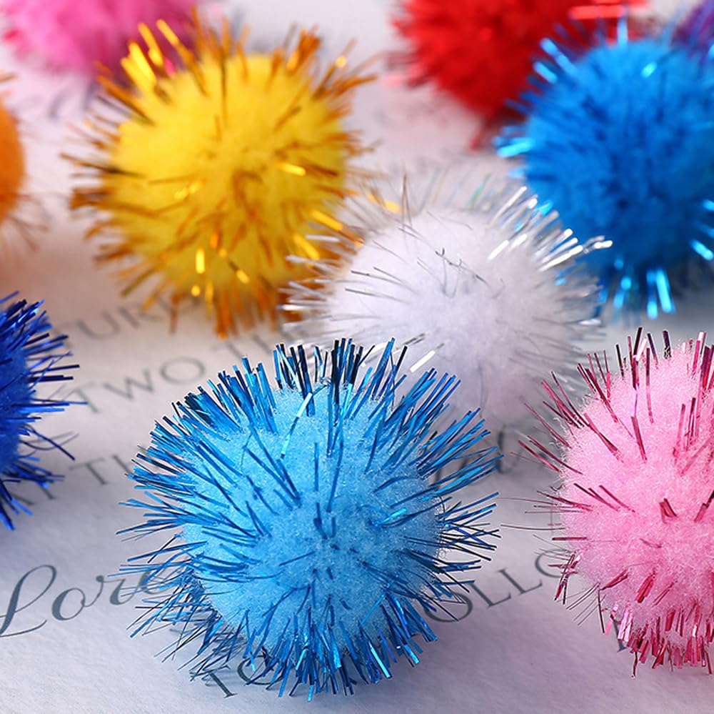 100pcs Glitter Tinsel Pom Poms Sparkle Balls for DIY Craft/Party Decoration/Cat (1CM 200PCS)