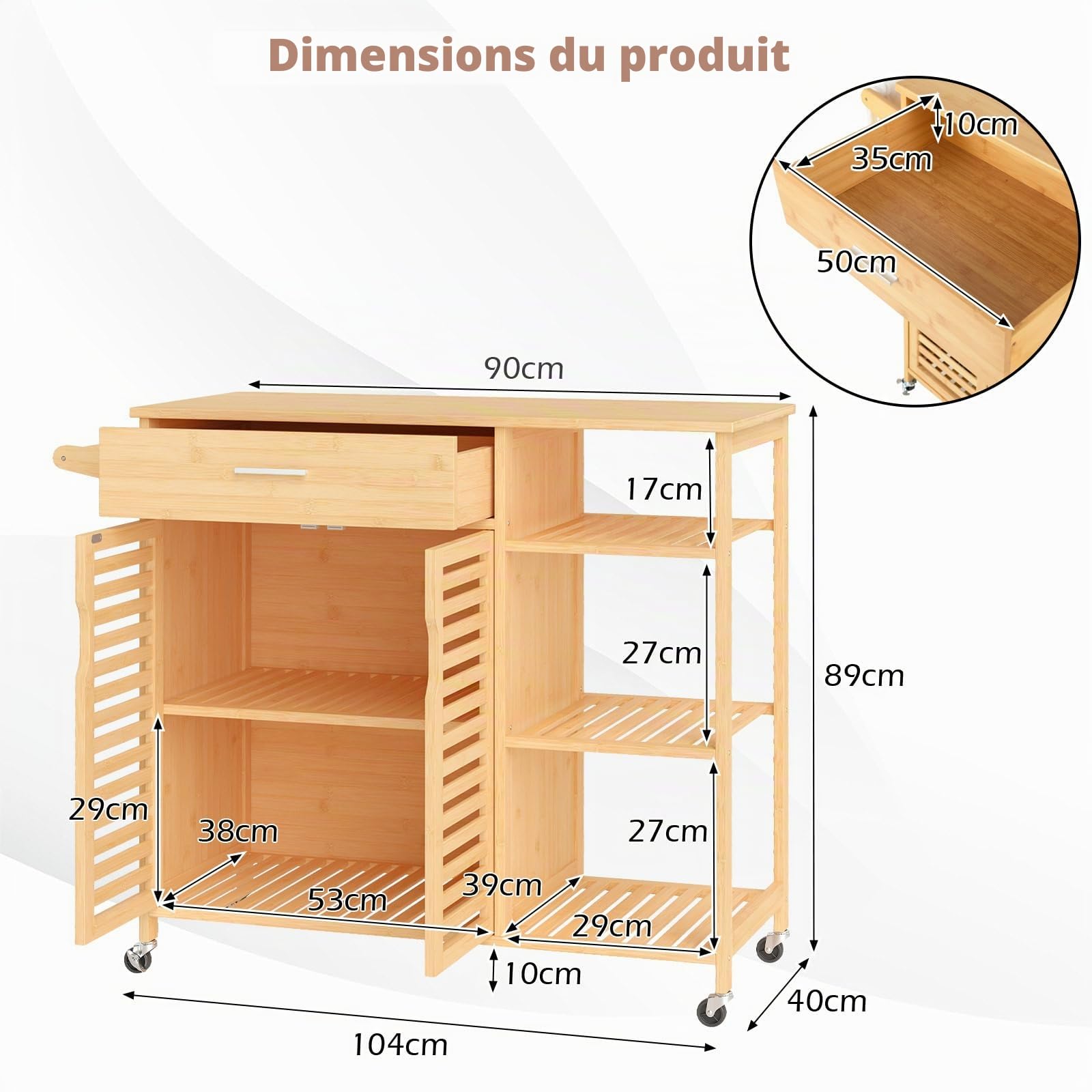 GIANTEX Chariot de cuisine sur roulettes, armoire de cuisine en bambou avec tiroir et portes à lattes, îlot de cuisine mobile, chariot de service avec étagères ouvertes et porte-serviettes, chariot de