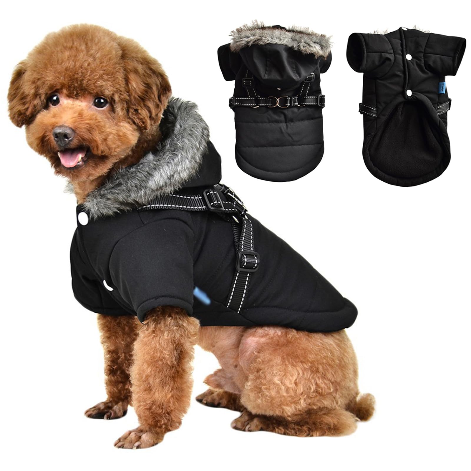 Gyuzh Winter Dog Hoodie with Harness Warm Dog Clothes for Small Dogs Coat Clothing Puppy Cat Custume Waterproof Warm Dog Jacket S Black