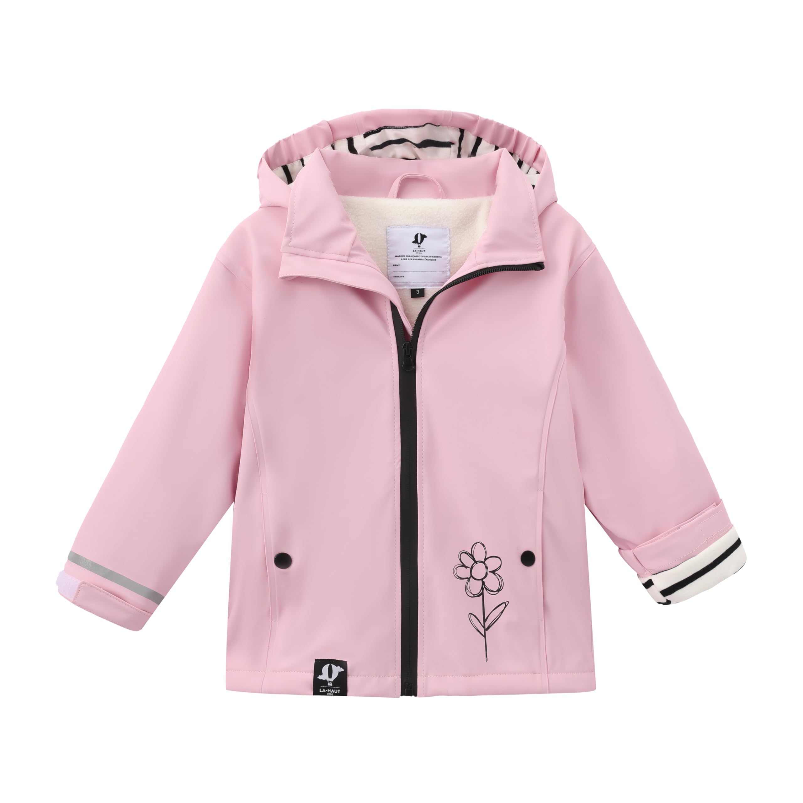 Ciré Imperméable 2 à 5 ans intérieur polaire fleece unisexe fille garçon avec Doublure Rayée sur capuche, Fermeture Éclair waterproof, Matière PU recyclable et minimisée de pollution