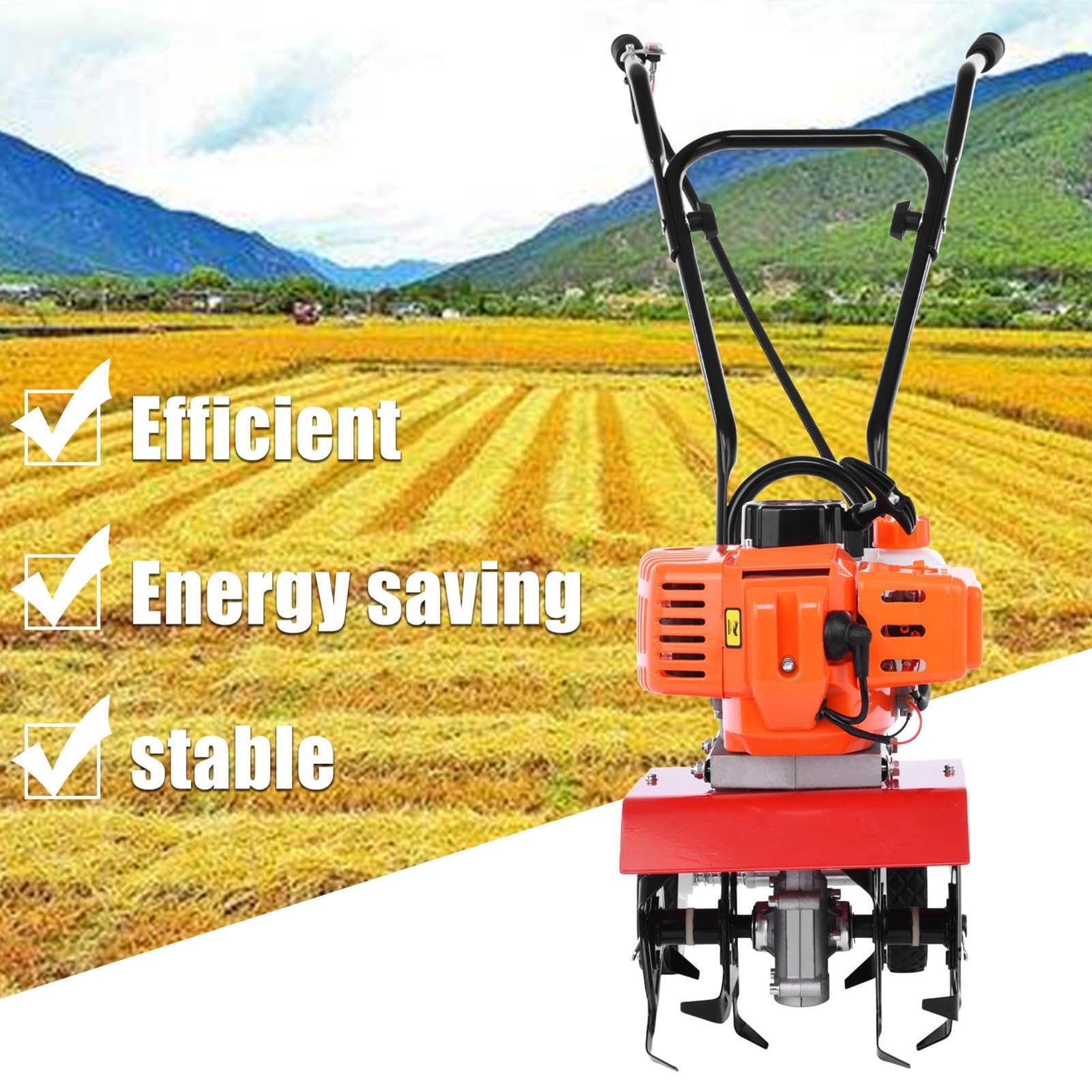 Cultivador de gasolina de jardín de 52 cc, 3 HP/1.65 kW 2 tiempos, cultivador de tierra para césped, 9000 rpm, tanque de combustible de 1.2 L, profundidad de trabajo de 6.9 pulgadas, ancho de
