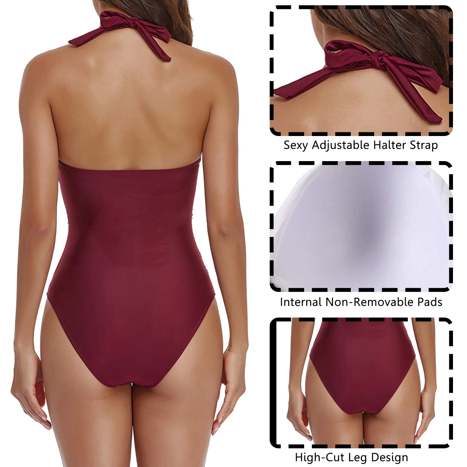 Maillots de Bain Une Pièce pour Femme, Col en V, 1 Pièce Elégant Amincissante Monokini Maillot,Coussinets Coupe Intérieure Inamovible Le Contrôle du Ventre Push Up Maillots de Bain Dos Nu