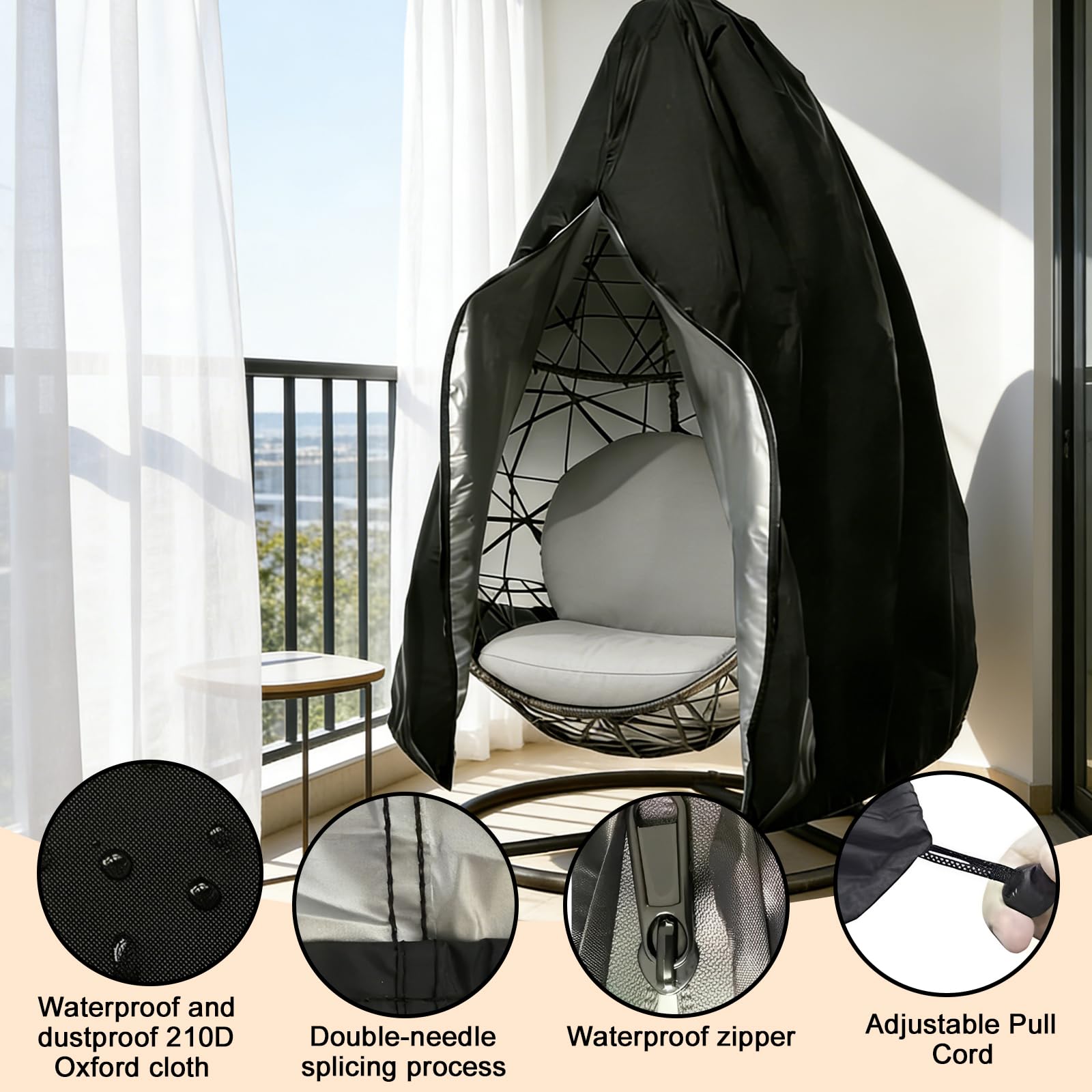 Lot de 2 housses pour fauteuil suspendu : noir/argent housse de protection imperméable, fermeture éclair tissu Oxford 210D, 115 x 190 cm, housse pour fauteuil suspendu extérieur pour jardin et