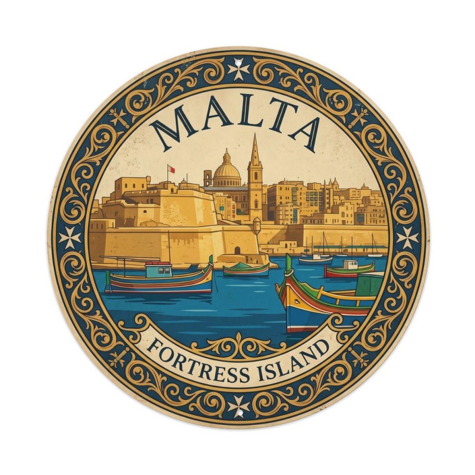 Vintage Travel Malta Valletta Harbor Metal Tin Sign Plaque Wall Decor for Cafe, Club, Garden Round Metal Poster 8x8Inch